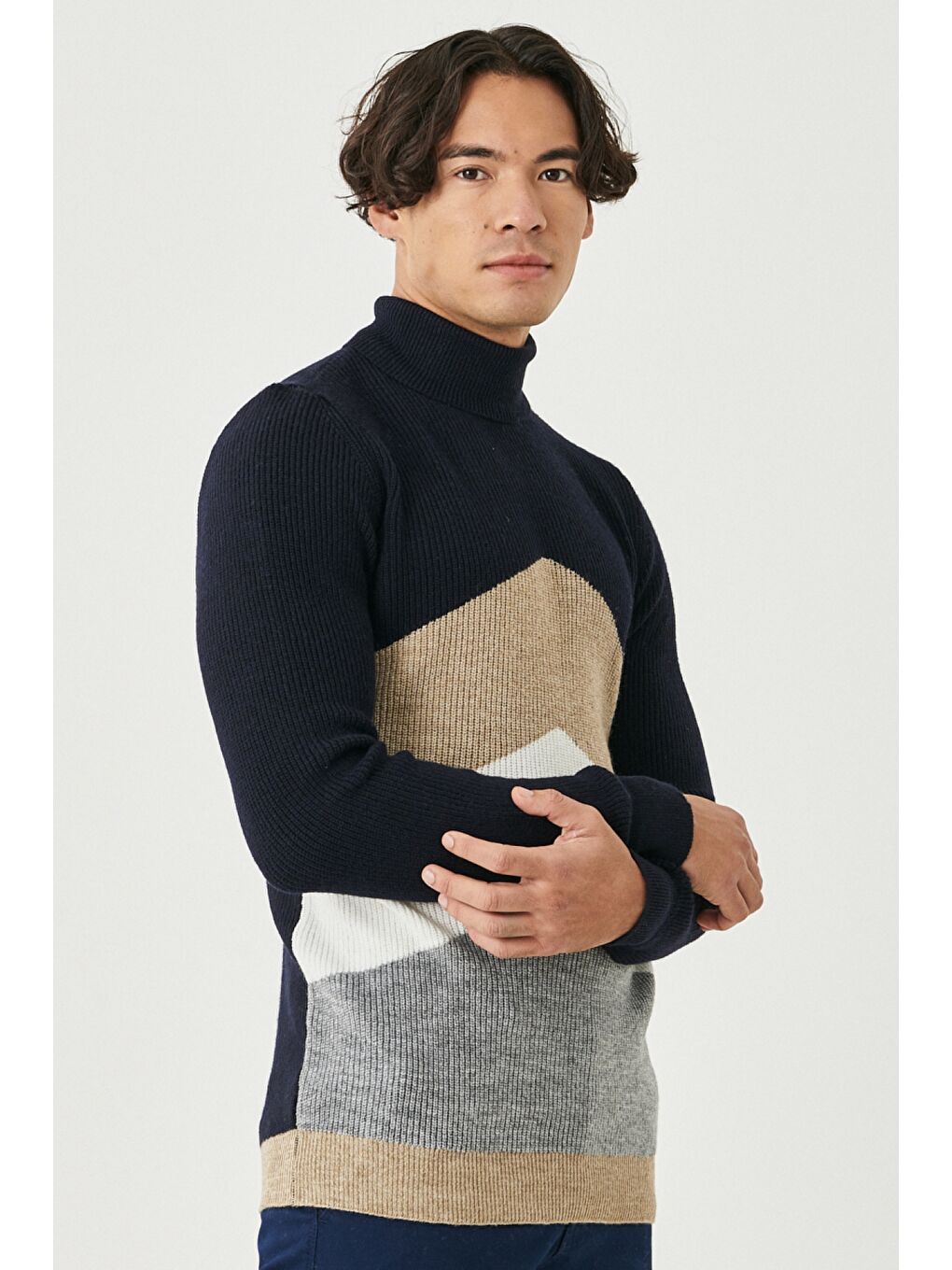 Erkek Lacivert-Vizon Standart Fit Tam Balıkçı Yaka Triko Kazak-1