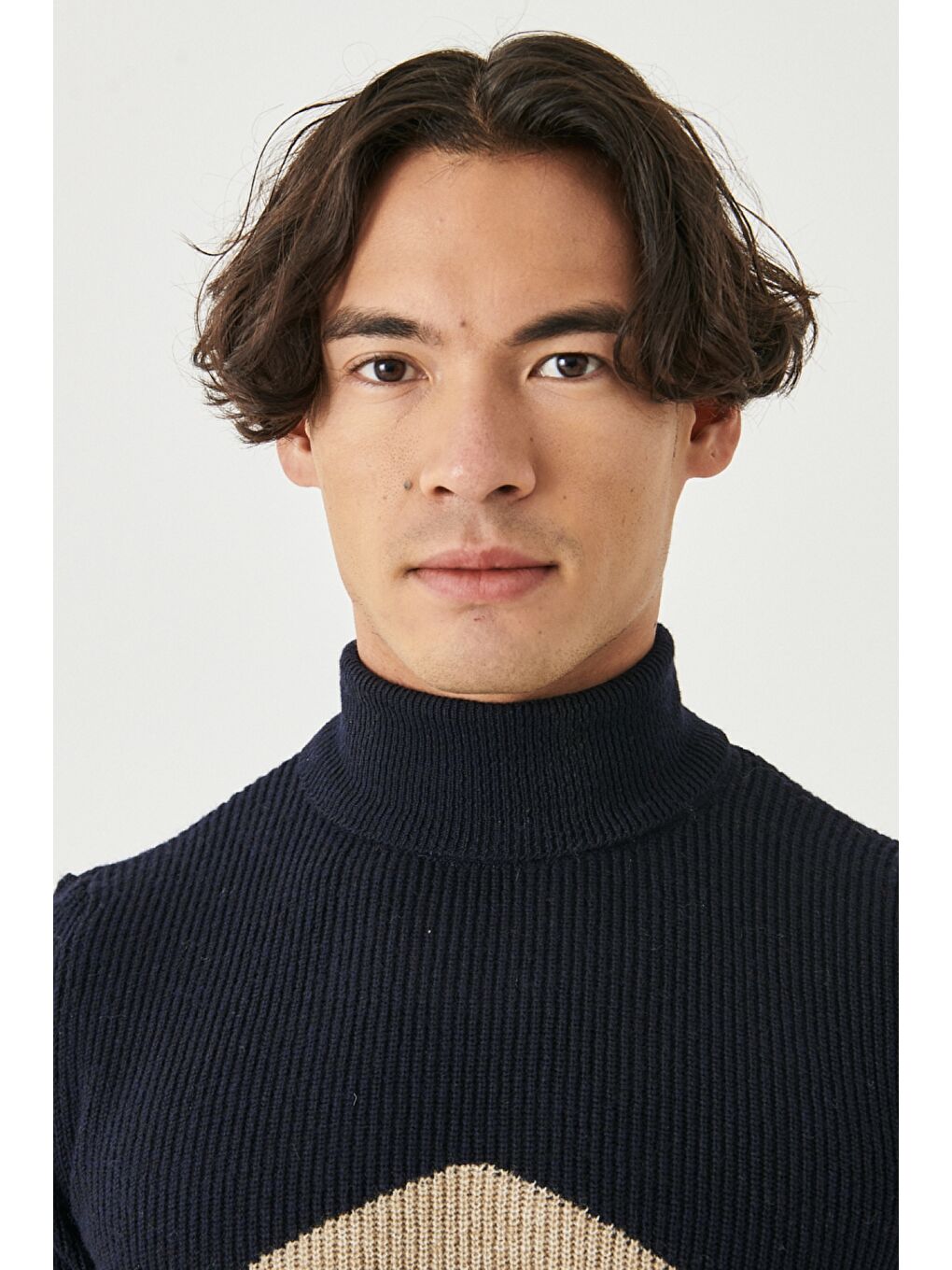 Erkek Lacivert-Vizon Standart Fit Tam Balıkçı Yaka Triko Kazak-2