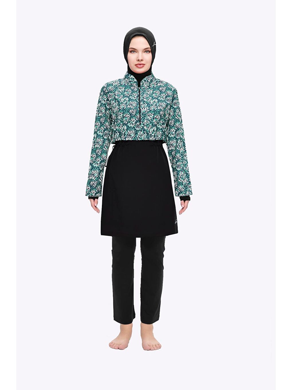 Beyaz Esila Yeşil Çiçek Desenli 5 Parça Tam Tesettür Mayo Takımı 2934