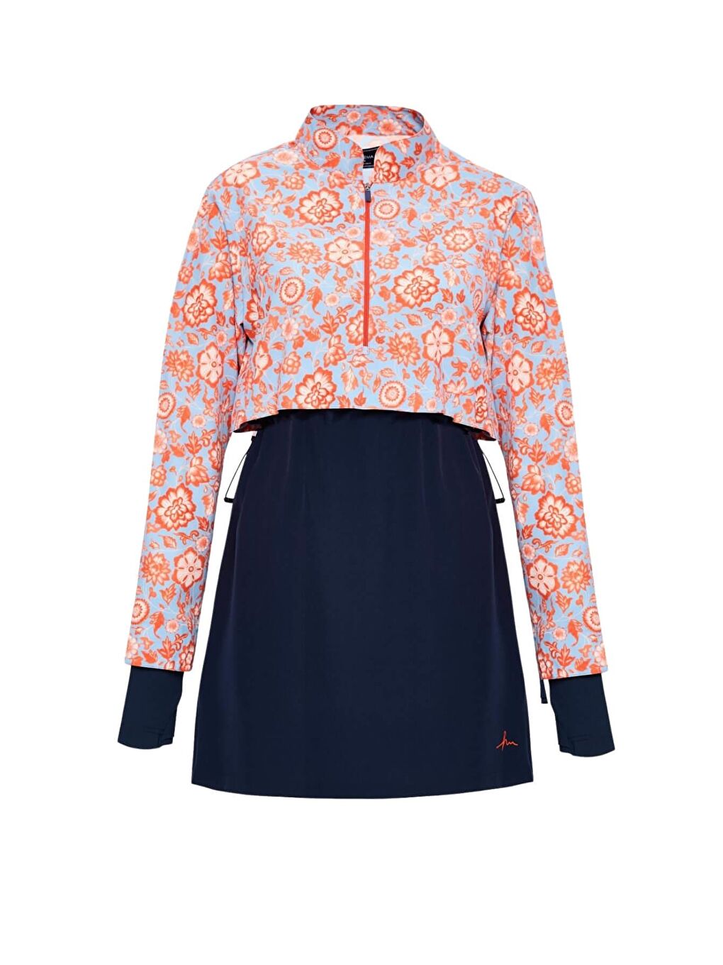 Esila Mavi Kırmızı Çiçek Desenli 5 Parça Tam Tesettür Mayo Takımı 2934-1