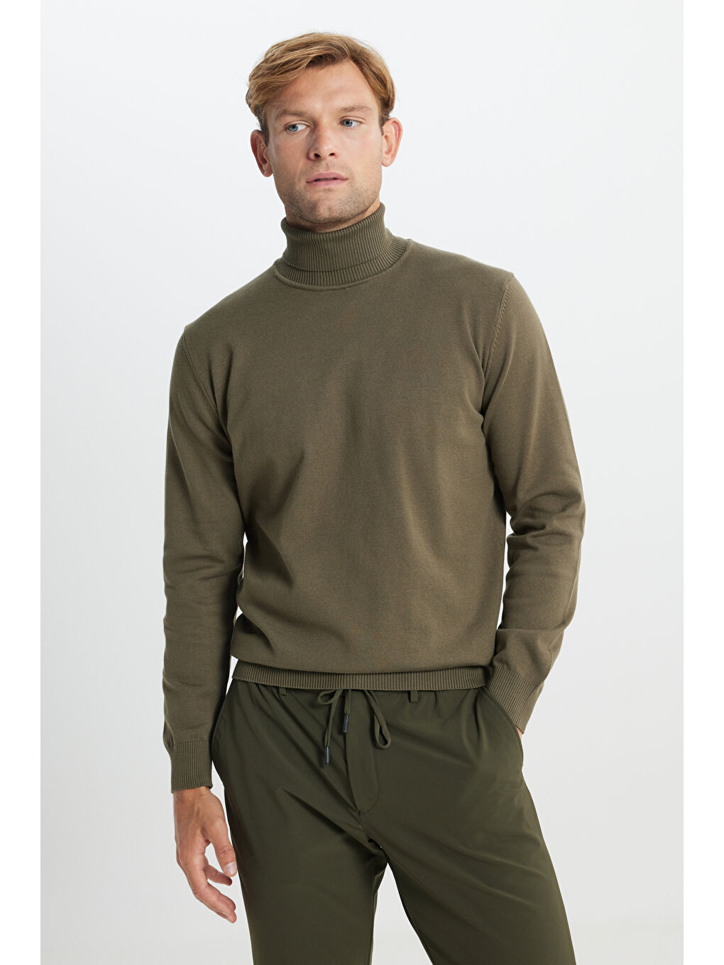 Erkek Haki Pamuklu Standart Fit Normal Kesim Tam Balıkçı Yaka Basic Triko Kazak