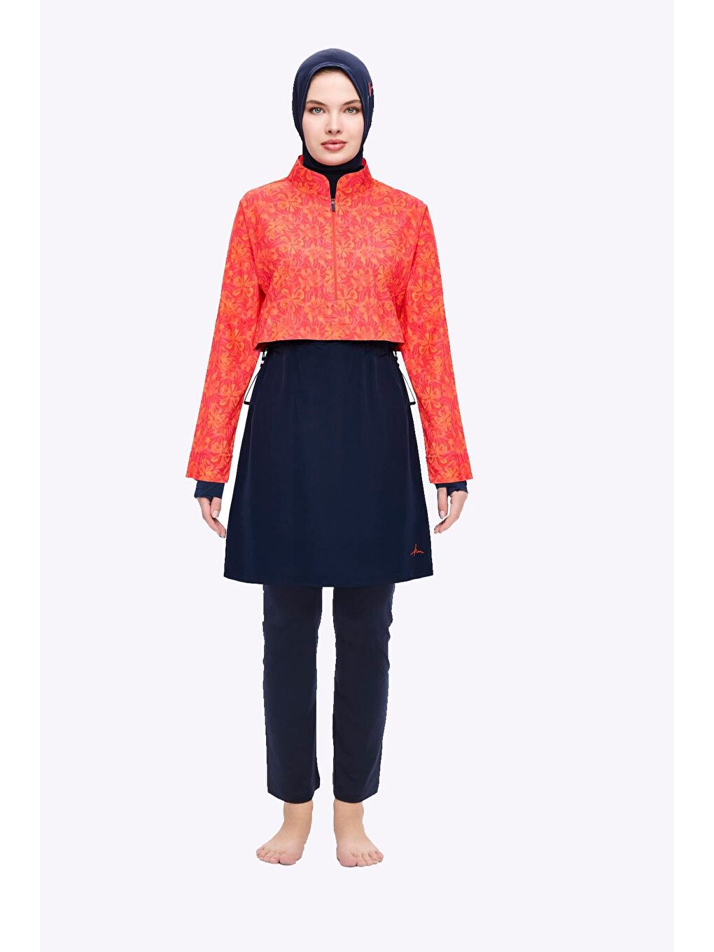 Lacivert Esila Turuncu Çiçek Desenli 5 Parça Tam Tesettür Mayo Takımı 2934