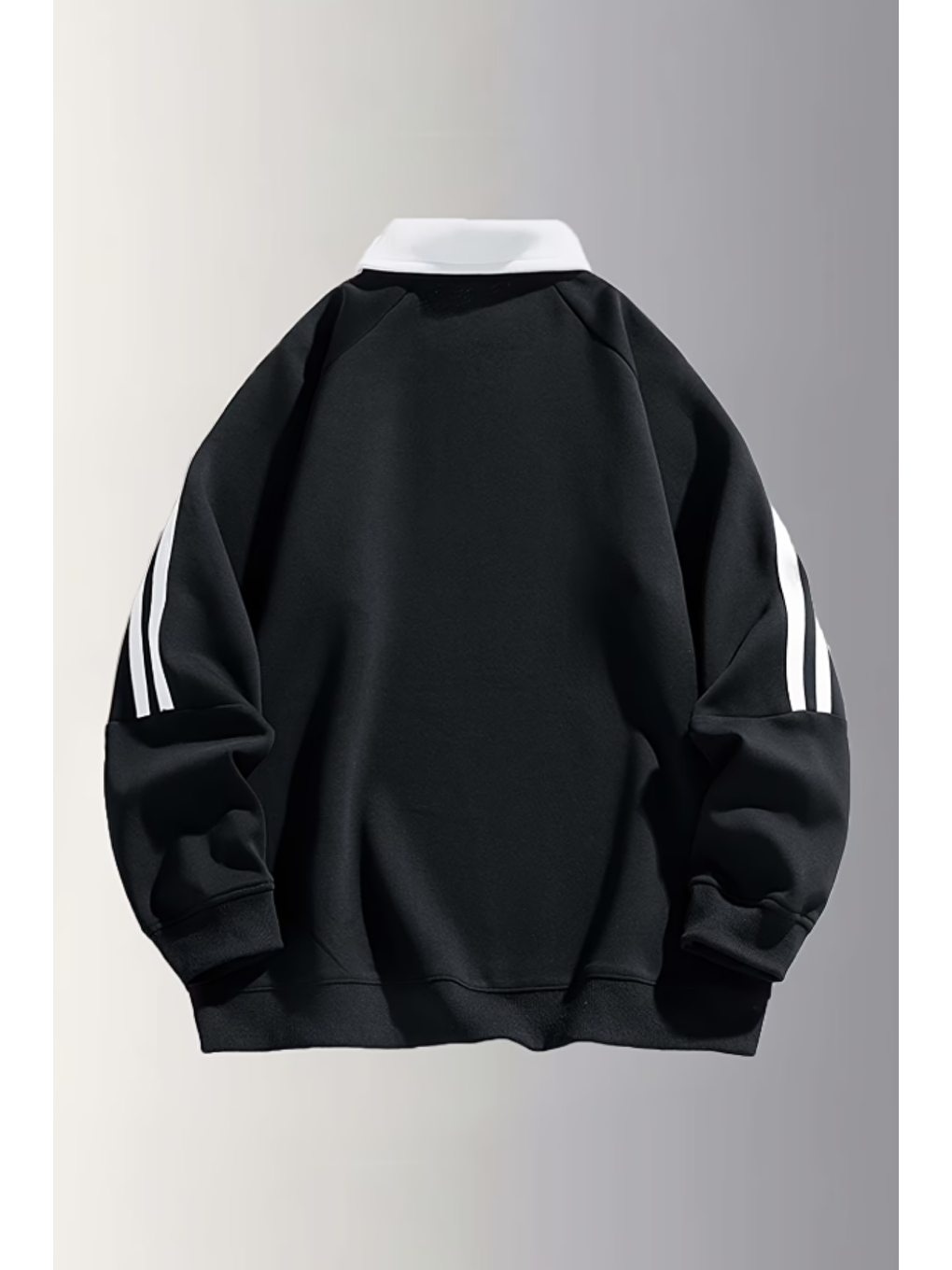 Erkek Siyah Oversize Polo Yaka Sweatshirt Şerit Detaylı Uzun Kollu Spor Casual Basic-1