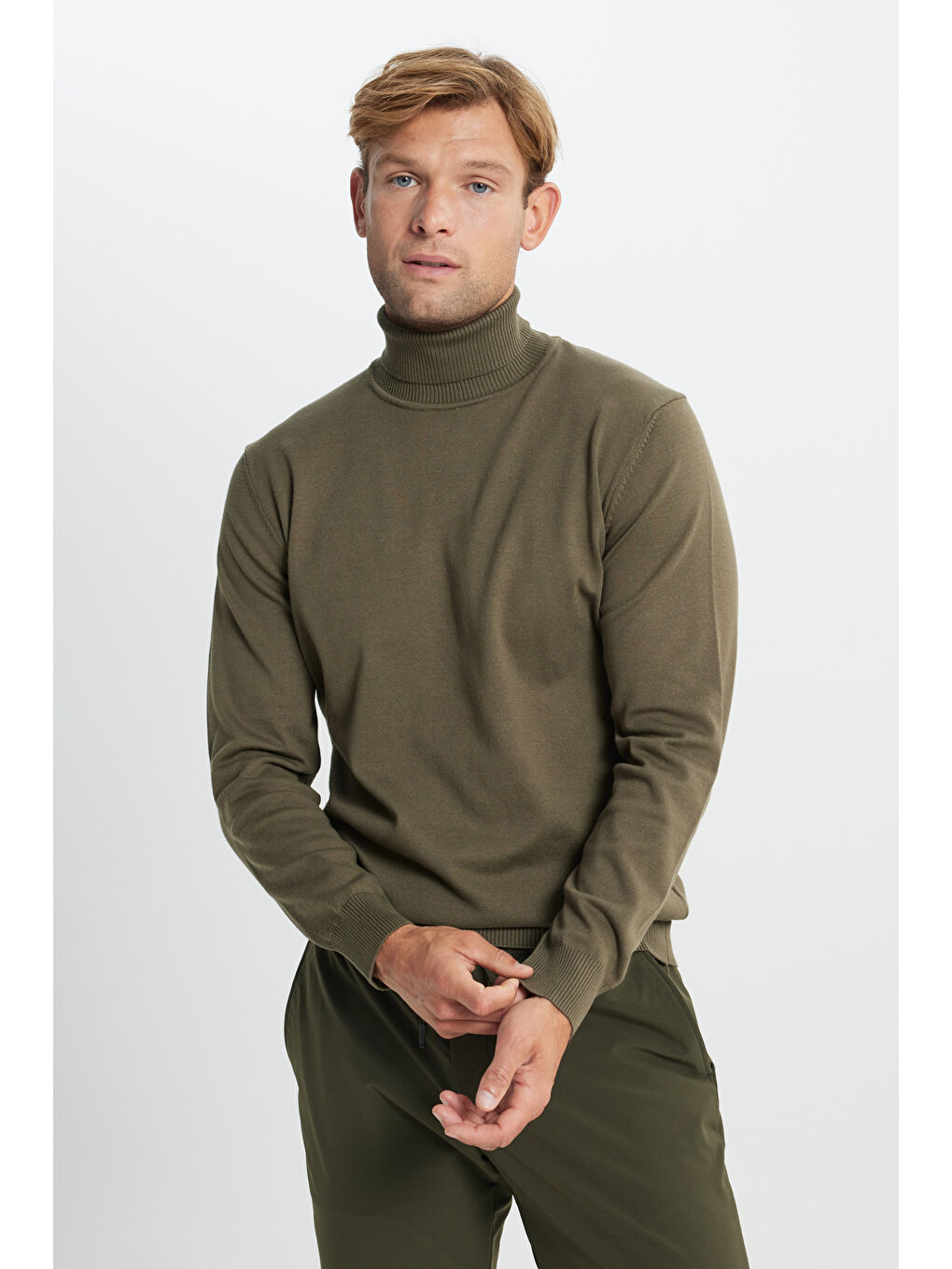 Erkek Haki Pamuklu Standart Fit Normal Kesim Tam Balıkçı Yaka Basic Triko Kazak-2