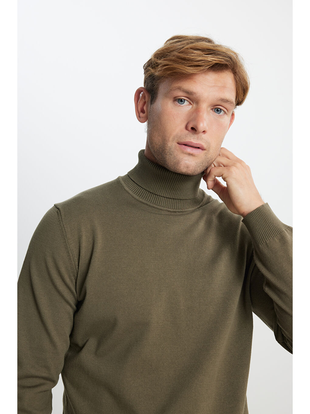 Erkek Haki Pamuklu Standart Fit Normal Kesim Tam Balıkçı Yaka Basic Triko Kazak-5