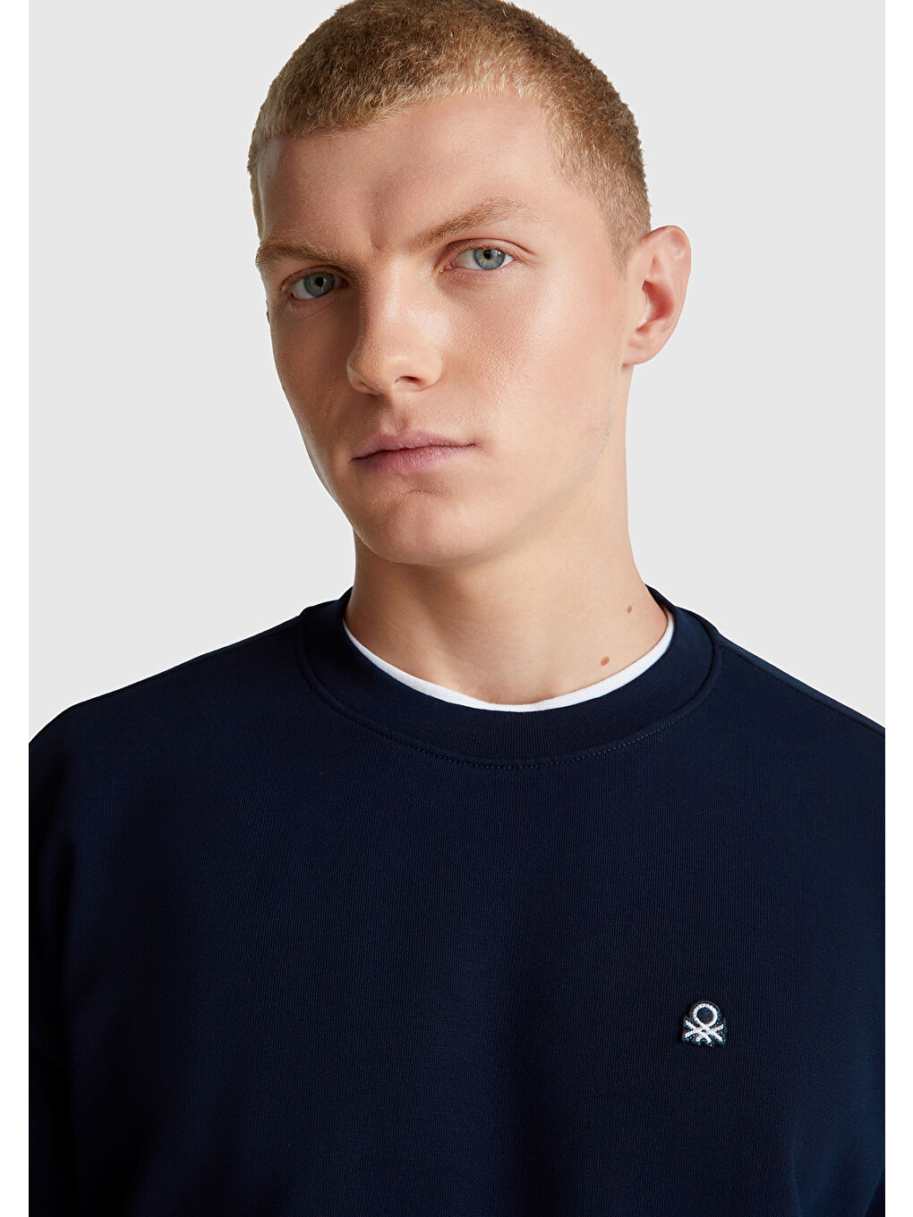 Erkek Lacivert %100 Pamuk Önü Logo İşlemeli Bisiklet Yaka Sweatshirt-5