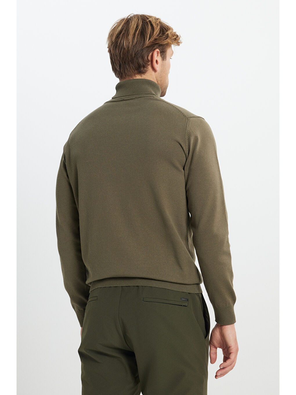 Erkek Haki Pamuklu Standart Fit Normal Kesim Tam Balıkçı Yaka Basic Triko Kazak-6