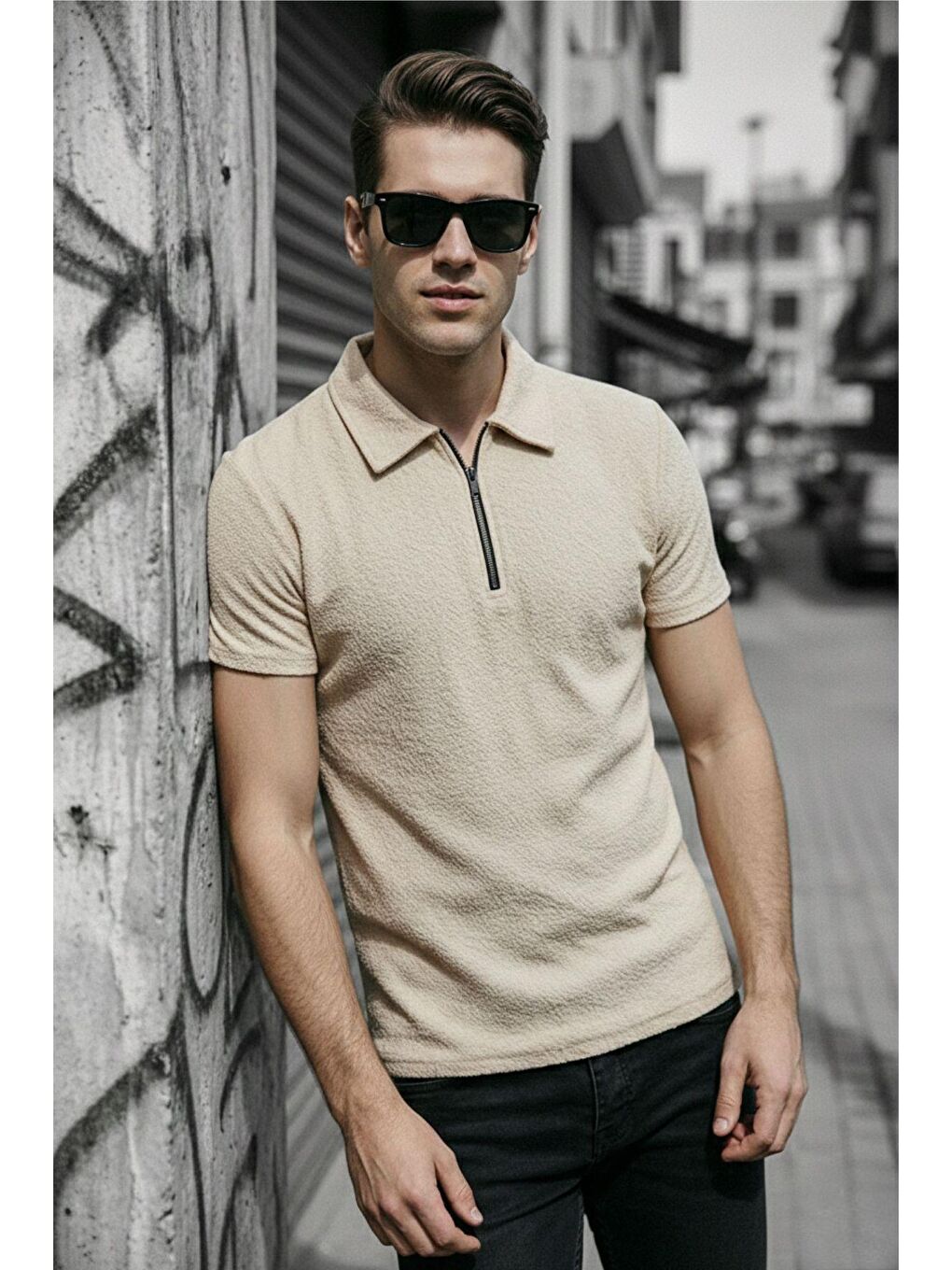 Ekru Robb Erkek Yarım Fermuarlı Dokulu Polo Yaka Kısa Kollu Slim Fit Tişört-1