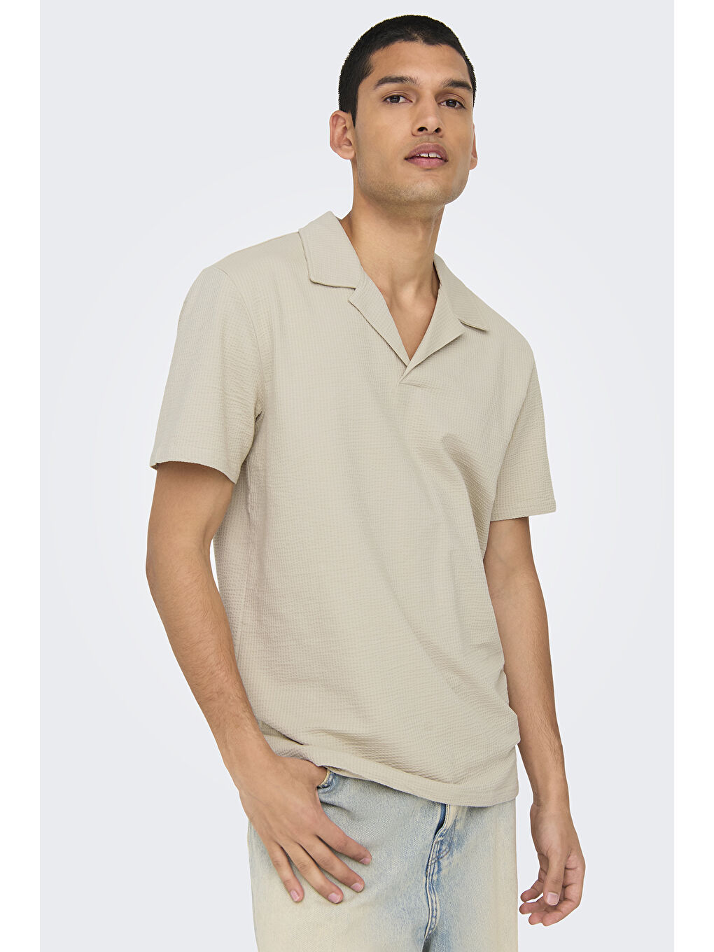 Bej Onskian Streç Pamuklu Regular Fit Polo Yaka Kadın T Shirt 22032818-2