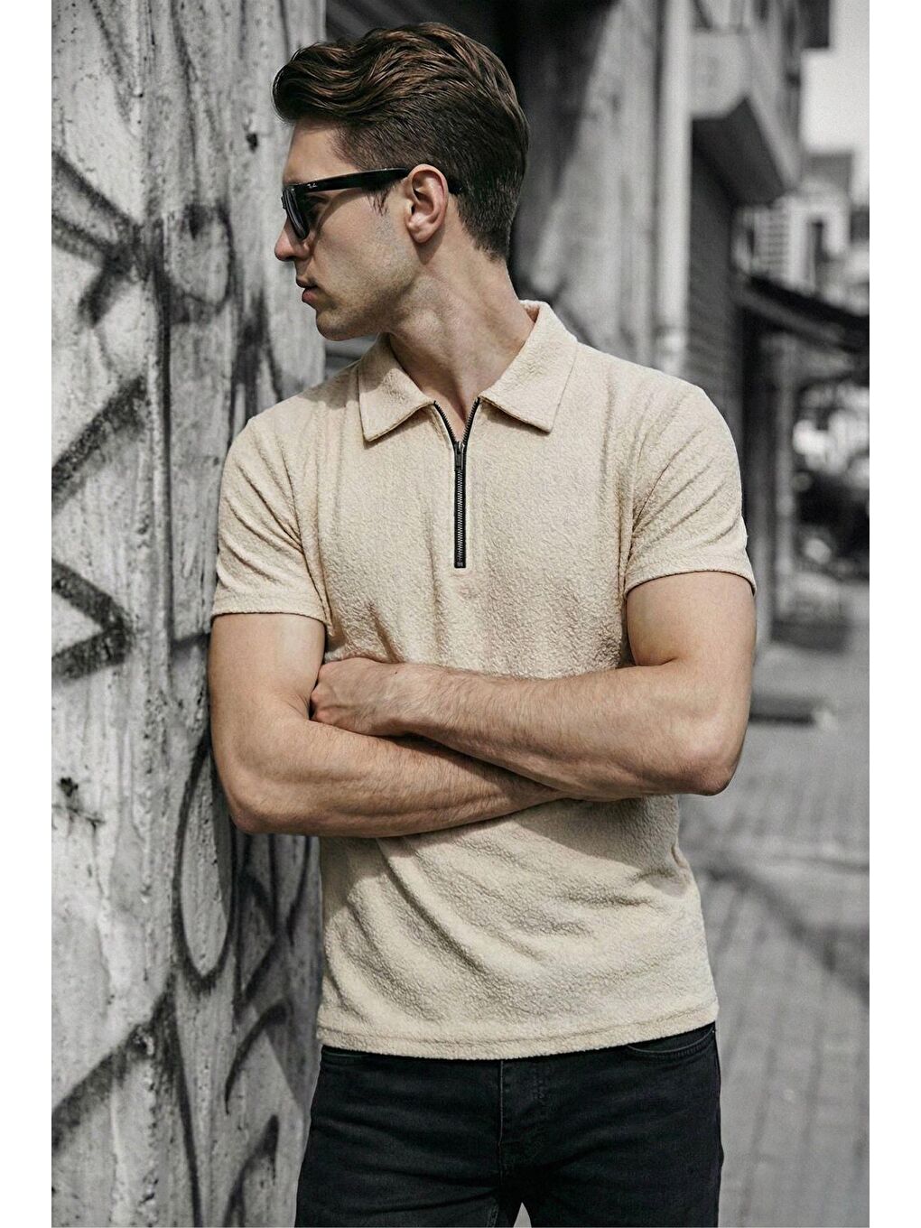 Ekru Robb Erkek Yarım Fermuarlı Dokulu Polo Yaka Kısa Kollu Slim Fit Tişört-2