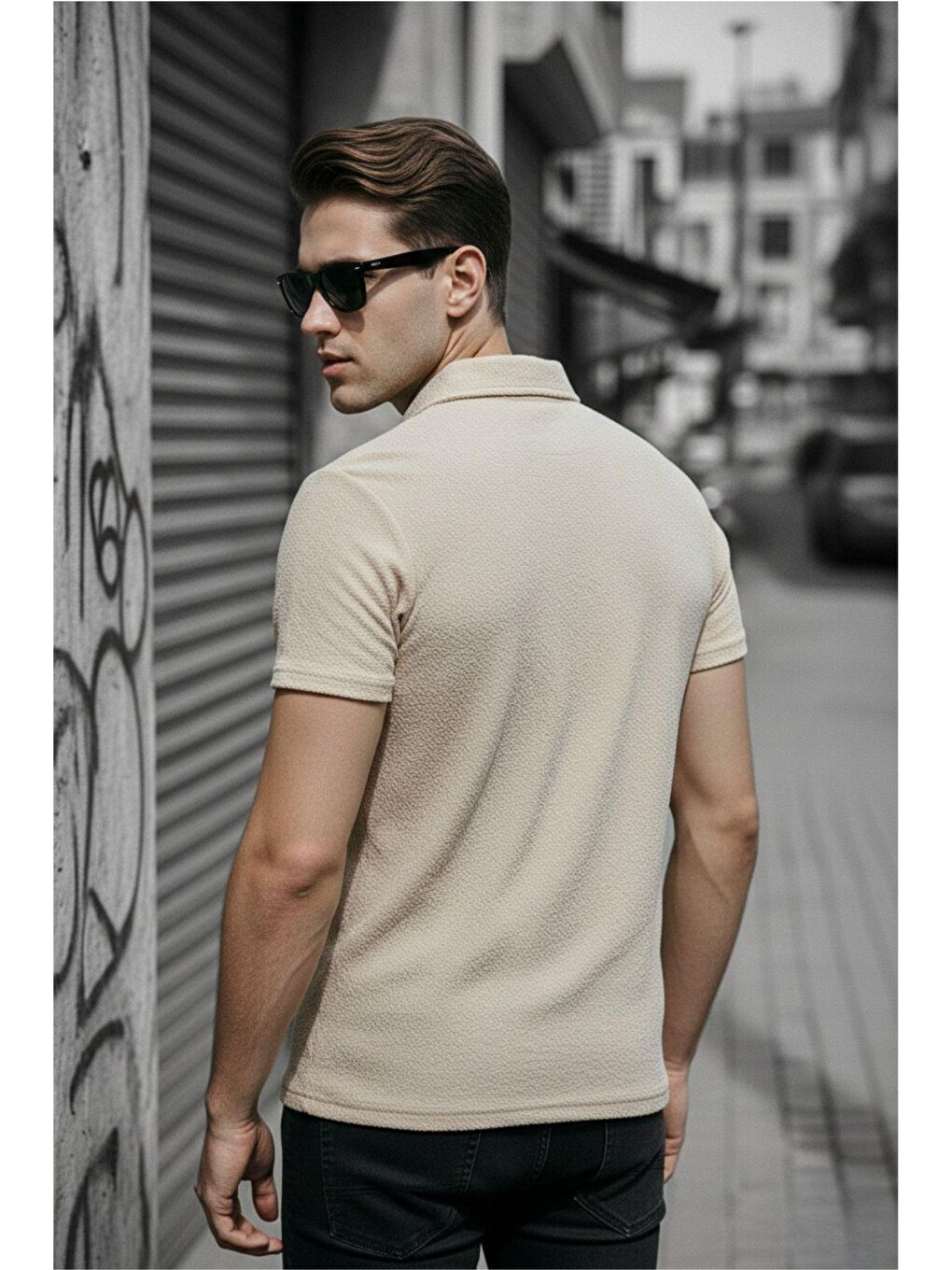 Ekru Robb Erkek Yarım Fermuarlı Dokulu Polo Yaka Kısa Kollu Slim Fit Tişört-3