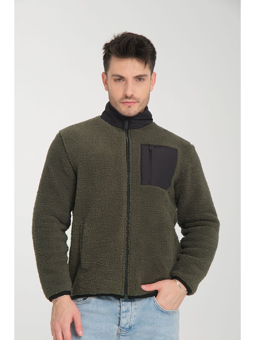 Haki Fermuarlı Dik Yaka Pelüş Sweatshirt