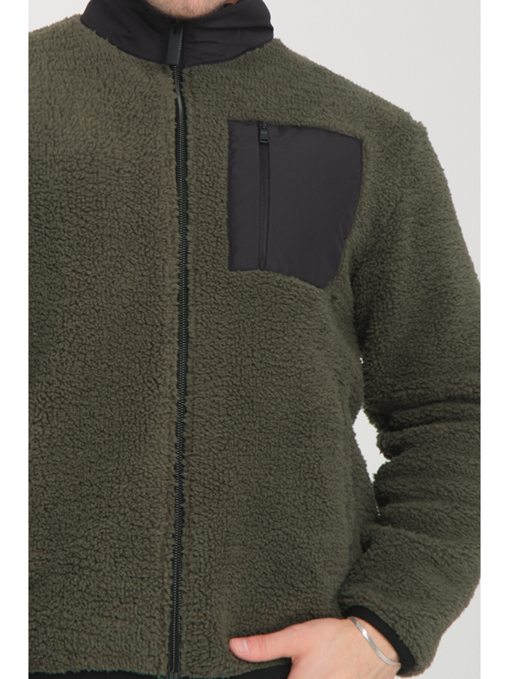 Haki Fermuarlı Dik Yaka Pelüş Sweatshirt-1