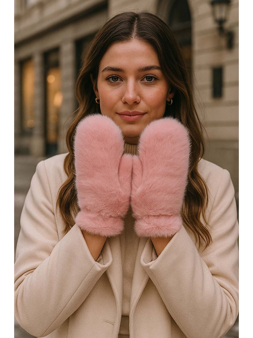 Pembe Kadın Pelüş Eldiven ELD-32 Pudra-1