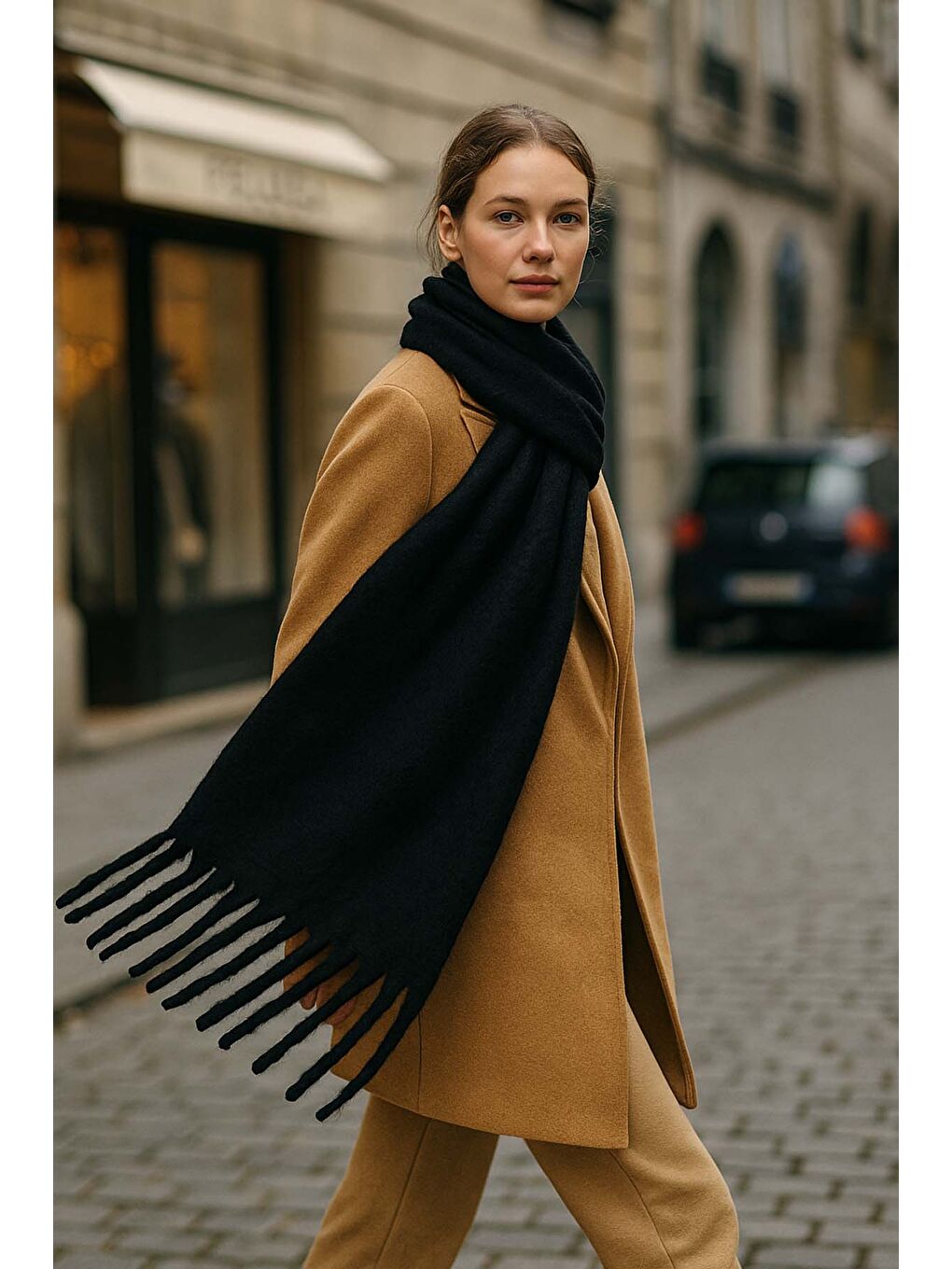 Kadın Püskül Detay Atkı Omuz Şalı 40x200 cm 1295 Siyah