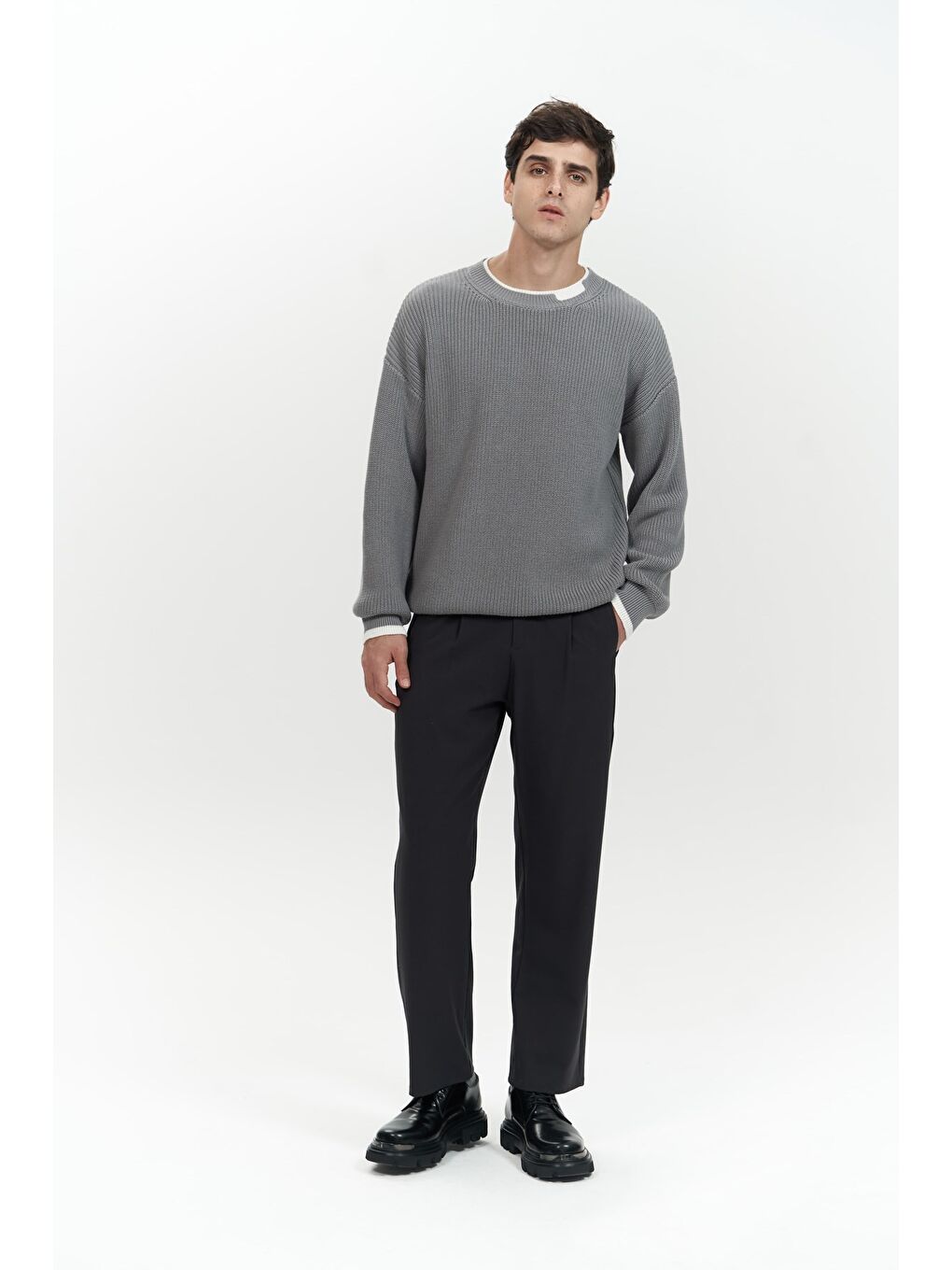 Carter Çift Yaka Detaylı Gri Erkek Triko Kazak-5