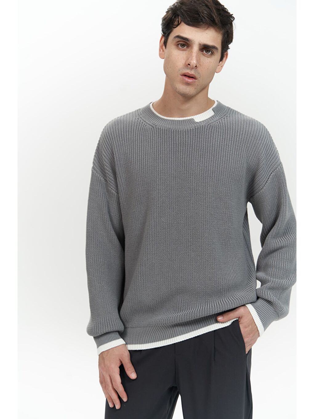 Carter Çift Yaka Detaylı Gri Erkek Triko Kazak-6