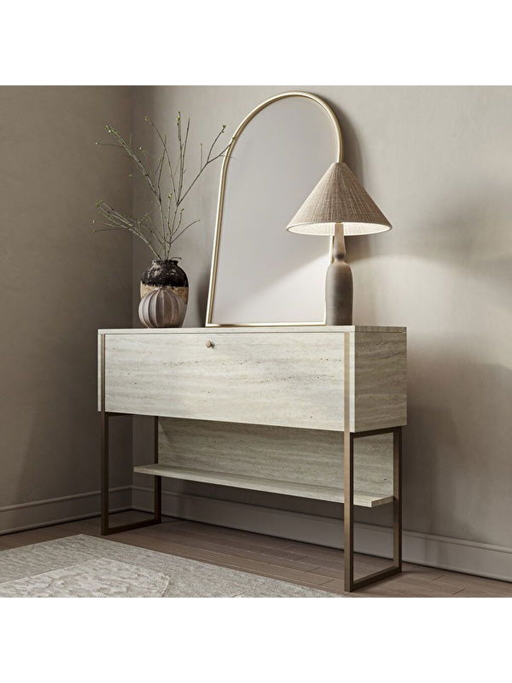 Karışık Artemis Dresuar - Traverten / Altın - 80x30x120 cm-5