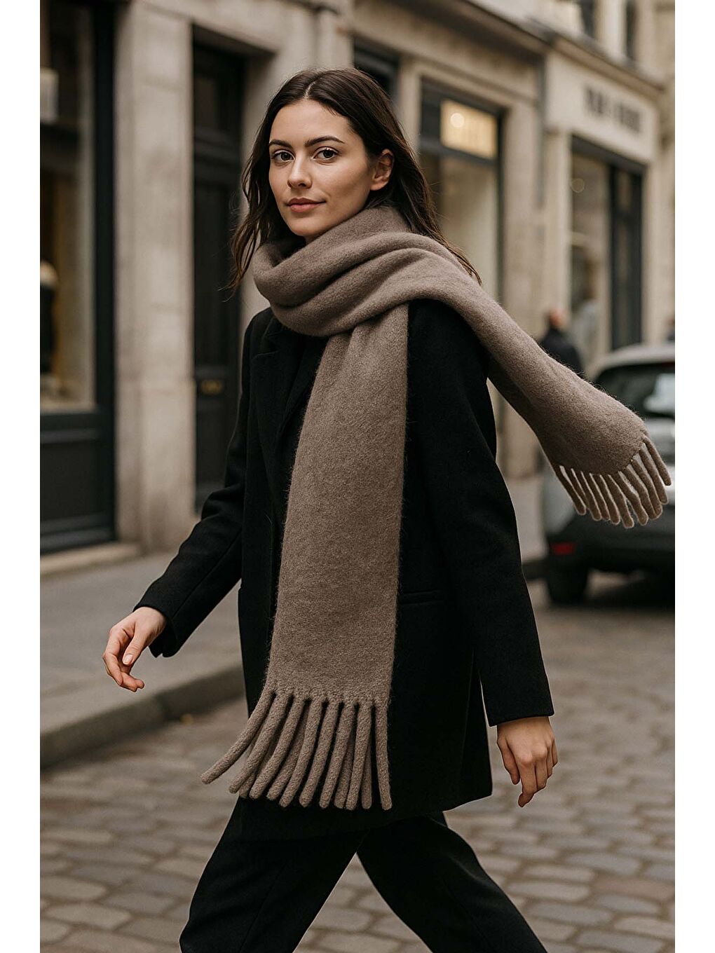 Bej Kadın Püskül Detay Atkı Omuz Şalı 40x200 cm 1295 Vizon