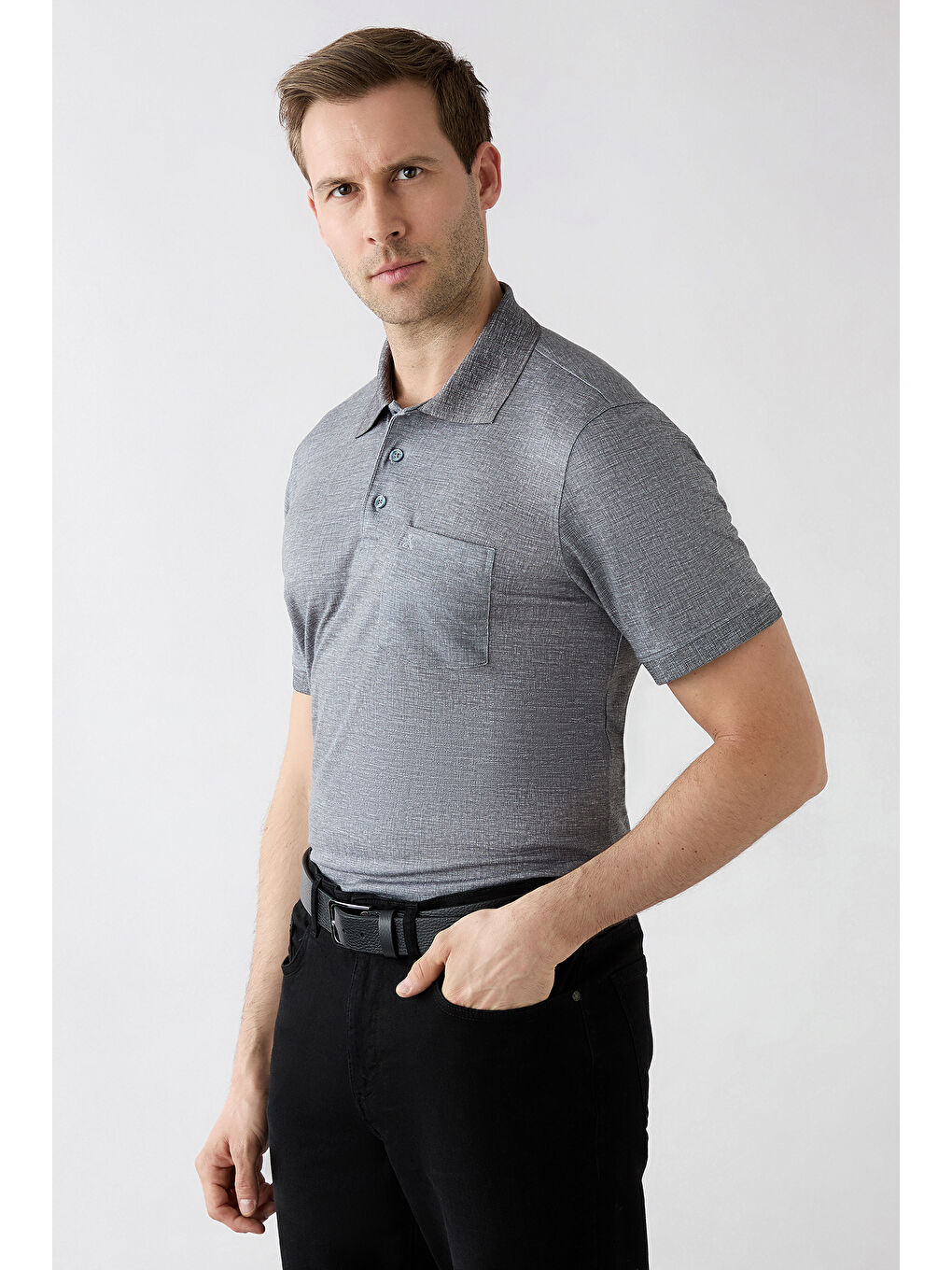 Siyah Regular Fit Desenli Nakışlı Cepli Düğmeli Polo Yaka Tişört