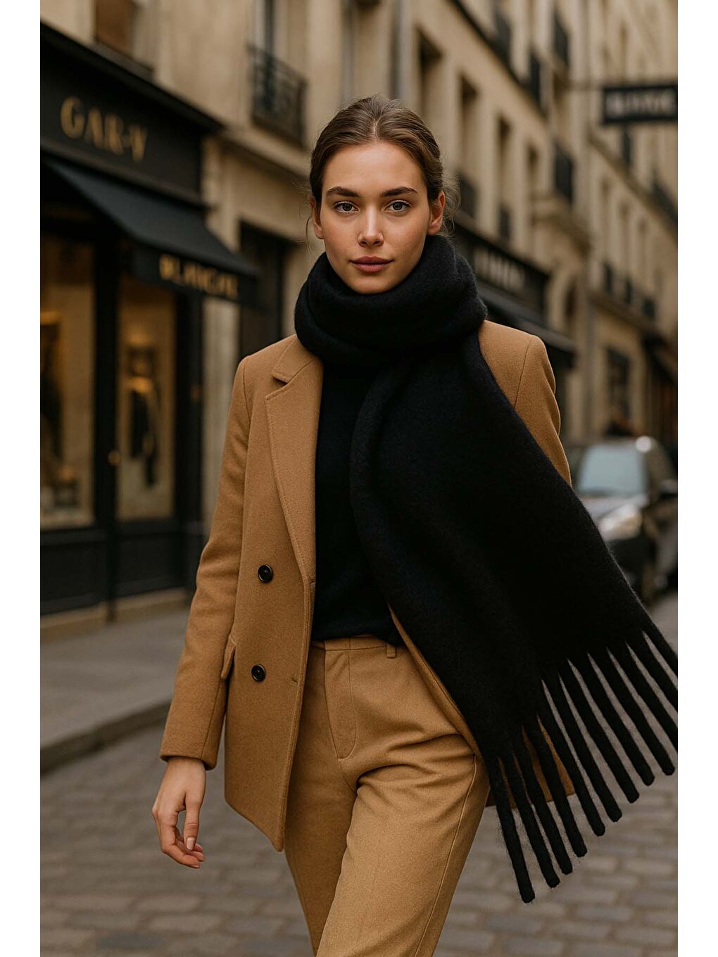 Kadın Püskül Detay Atkı Omuz Şalı 40x200 cm 1295 Siyah-3