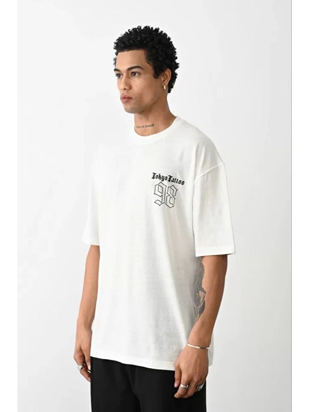 Unisex Baskılı Oversize T-Shirt - Beyaz-1