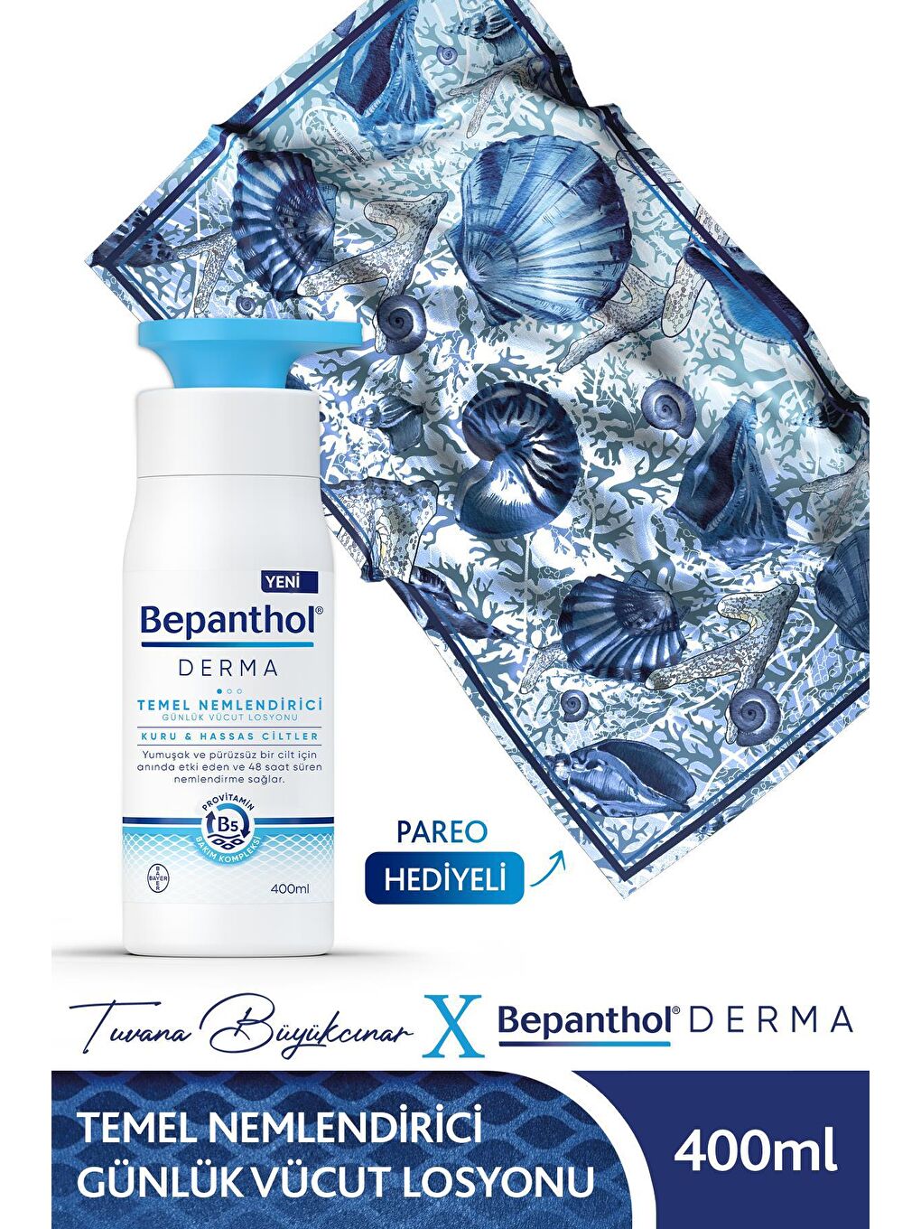 Bepanthol Şeffaf Derma Temel Nemlendirici Losyon 400 ml + Tuvana Büyükçınar Tasarımlı Şal Hediyeli