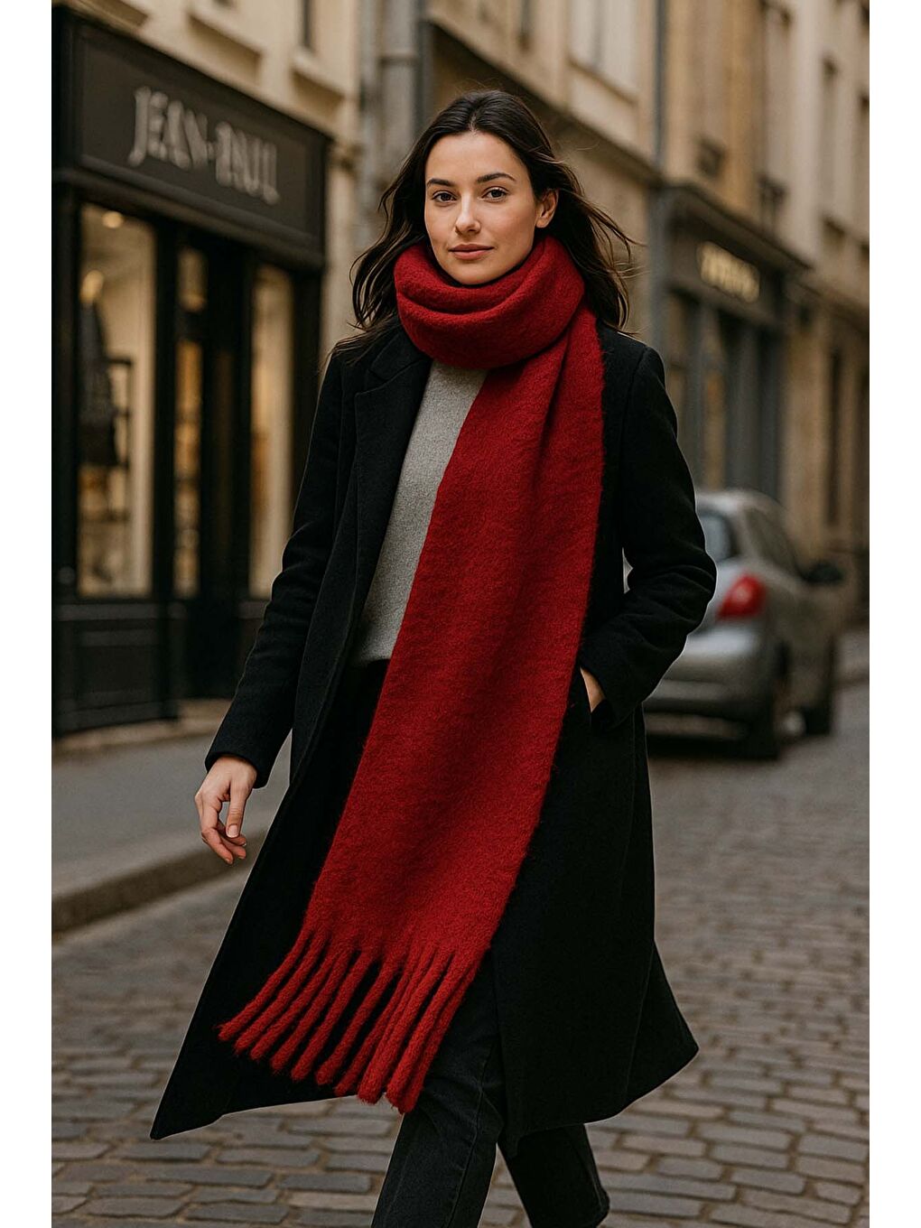 Kadın Püskül Detay Atkı Omuz Şalı 40x200 cm 1295 Kırmızı-3