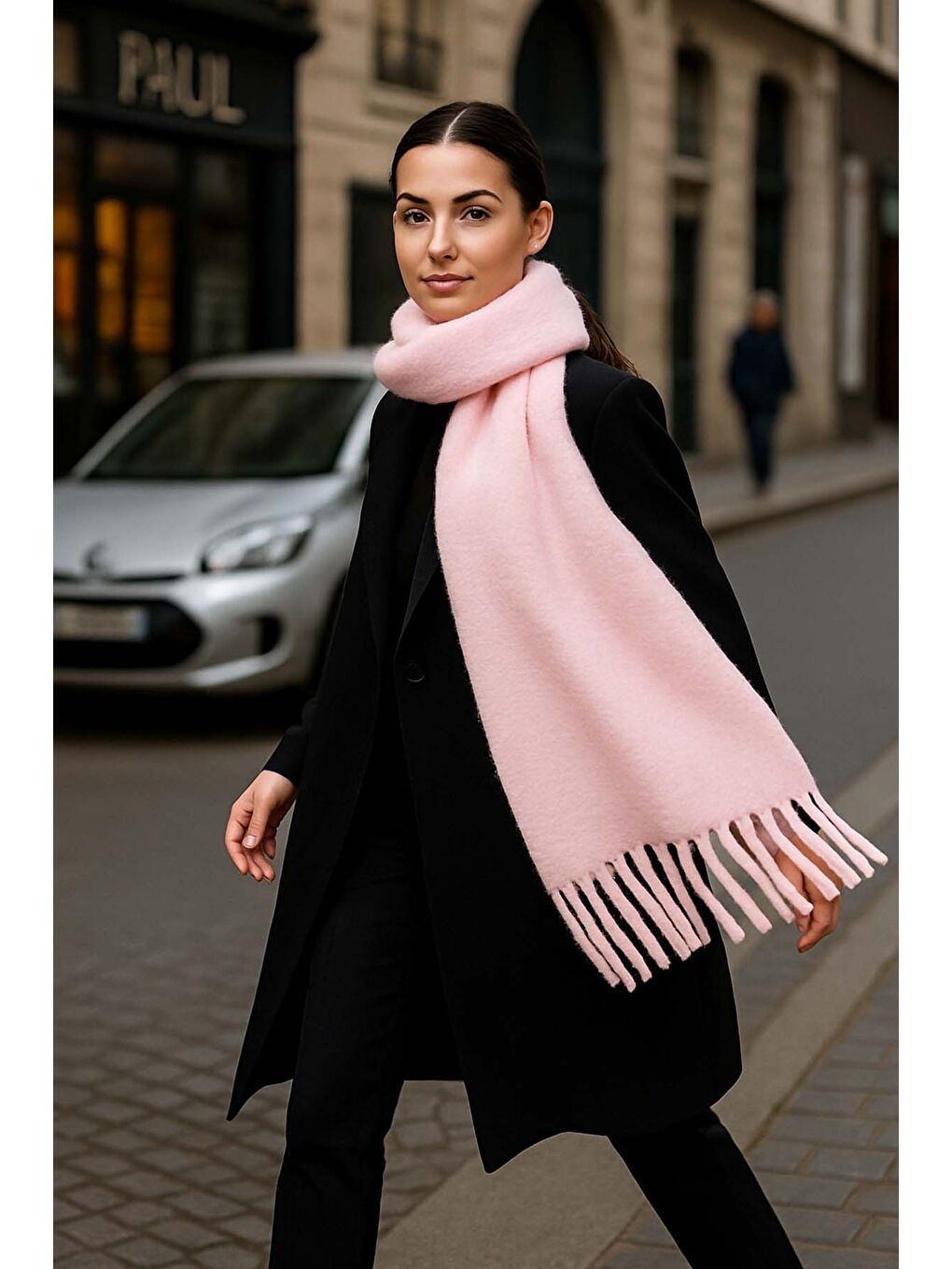 Pembe Kadın Püskül Detay Atkı Omuz Şalı 40x200 cm 1295 Pudra-3