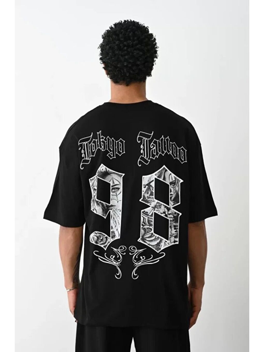 Unisex Baskılı Oversize T-Shirt - Siyah