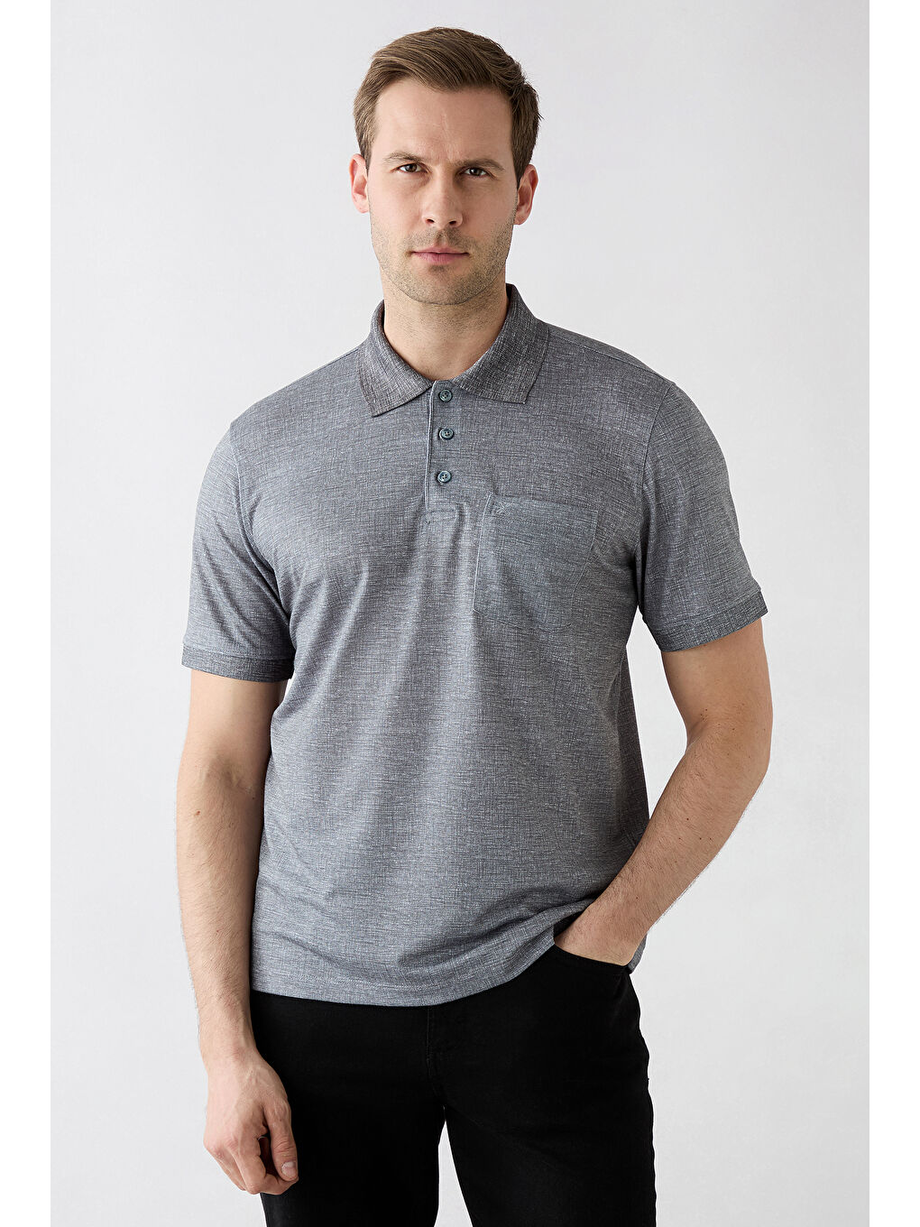 Siyah Regular Fit Desenli Nakışlı Cepli Düğmeli Polo Yaka Tişört-1