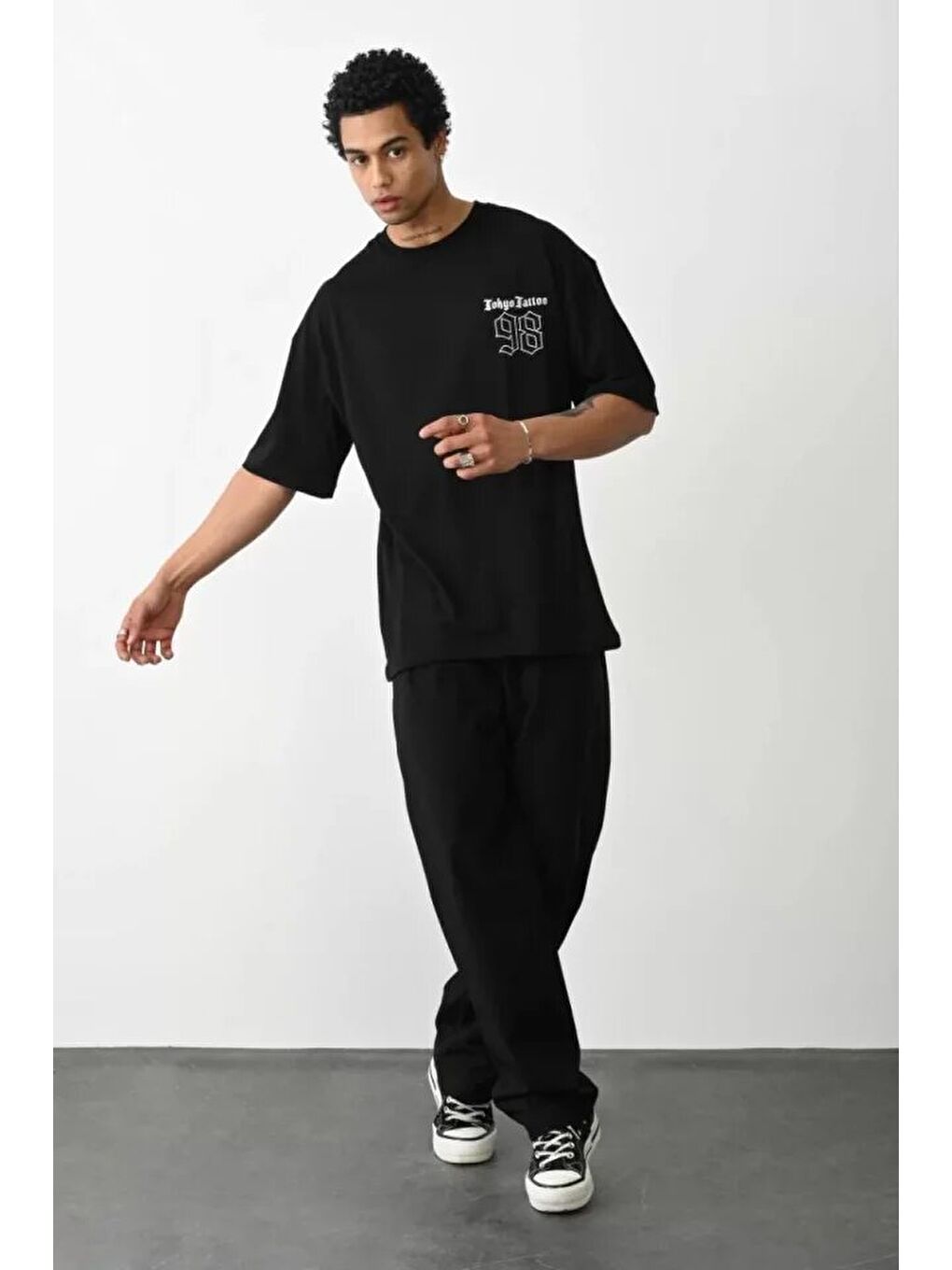 Unisex Baskılı Oversize T-Shirt - Siyah-2