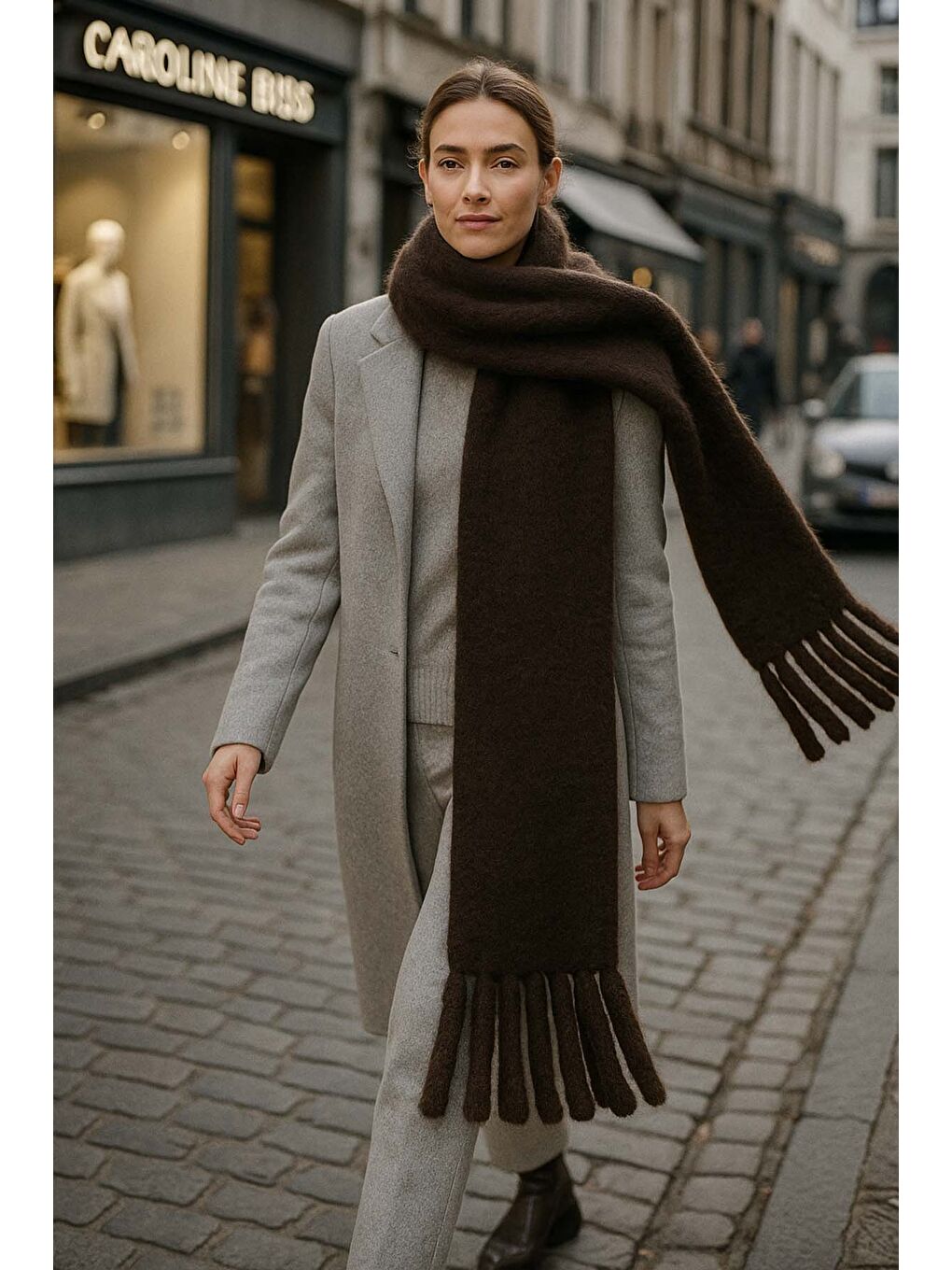 Kadın Püskül Detay Atkı Omuz Şalı 40x200 cm 1295 Kahverengi-1