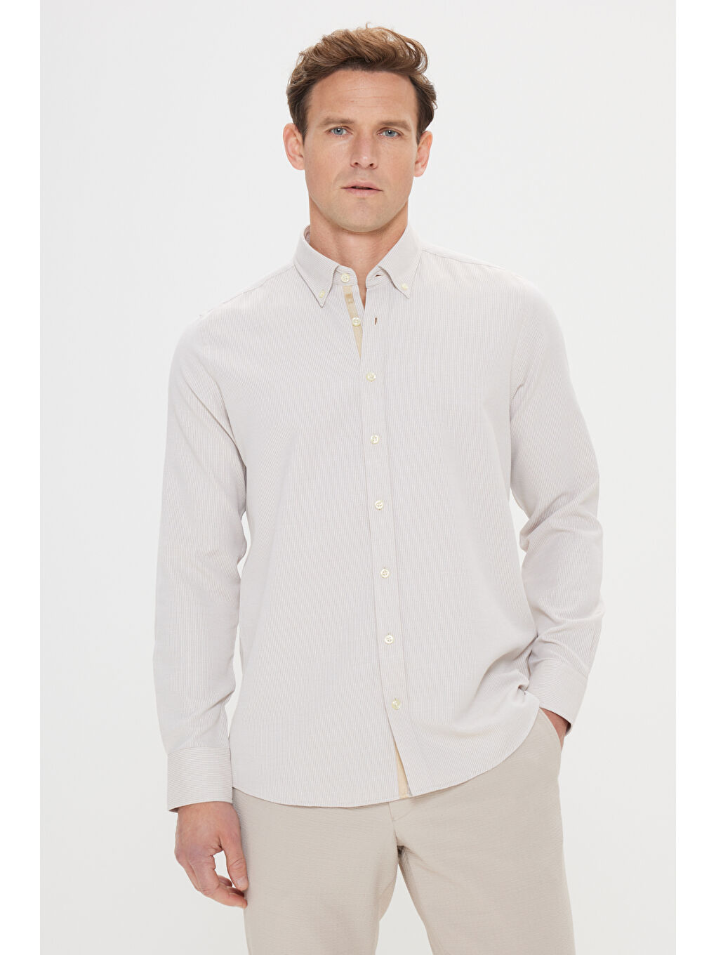 Erkek Bej Slim Fit Dar Kesim Klasik Yaka Pamuklu Armürlü Gömlek
