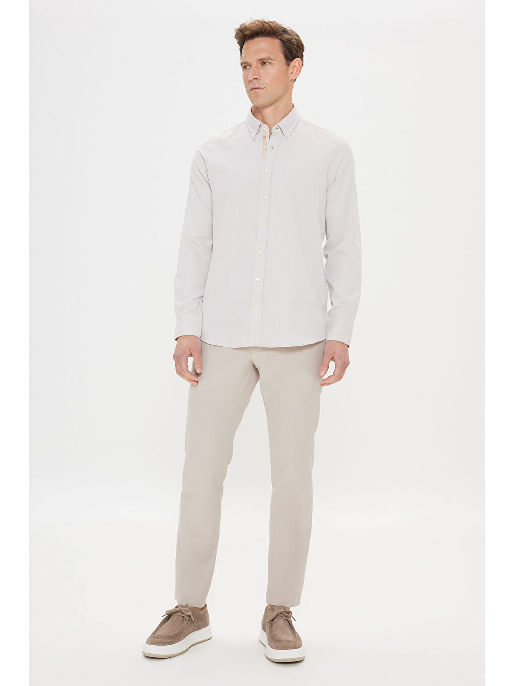 Erkek Bej Slim Fit Dar Kesim Klasik Yaka Pamuklu Armürlü Gömlek-1