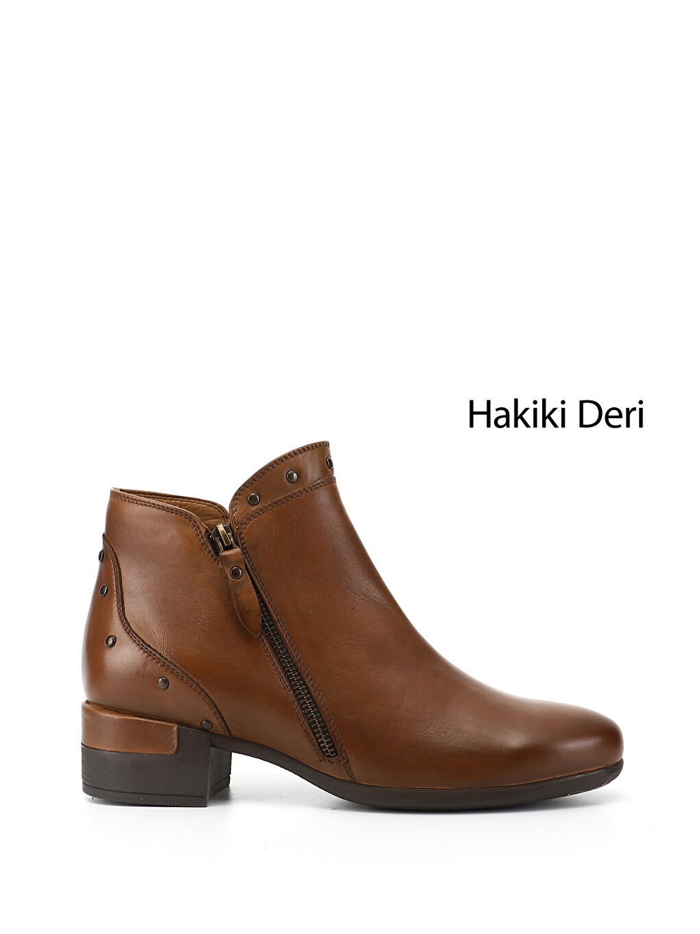 Kahverengi Kadın KAHVERENGİ-TABA Çift Fermuarlı Kalın Topuklu Hakiki Deri Bot