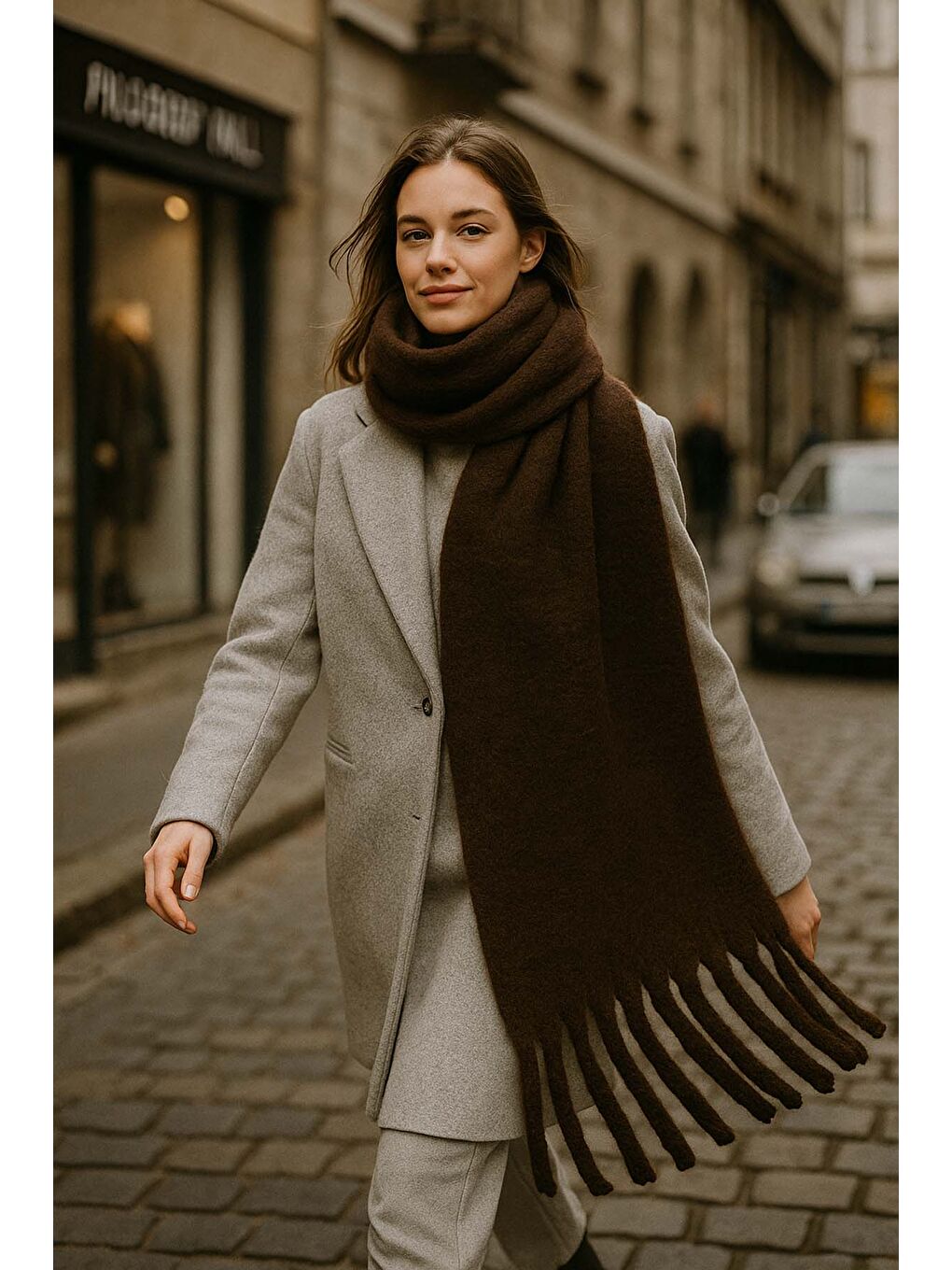 Kadın Püskül Detay Atkı Omuz Şalı 40x200 cm 1295 Kahverengi-2