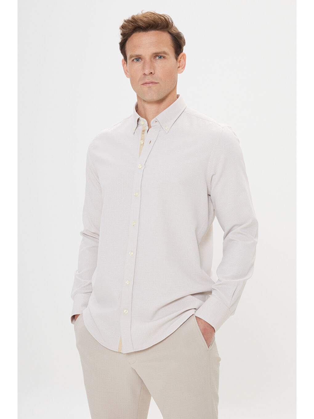 Erkek Bej Slim Fit Dar Kesim Klasik Yaka Pamuklu Armürlü Gömlek-2