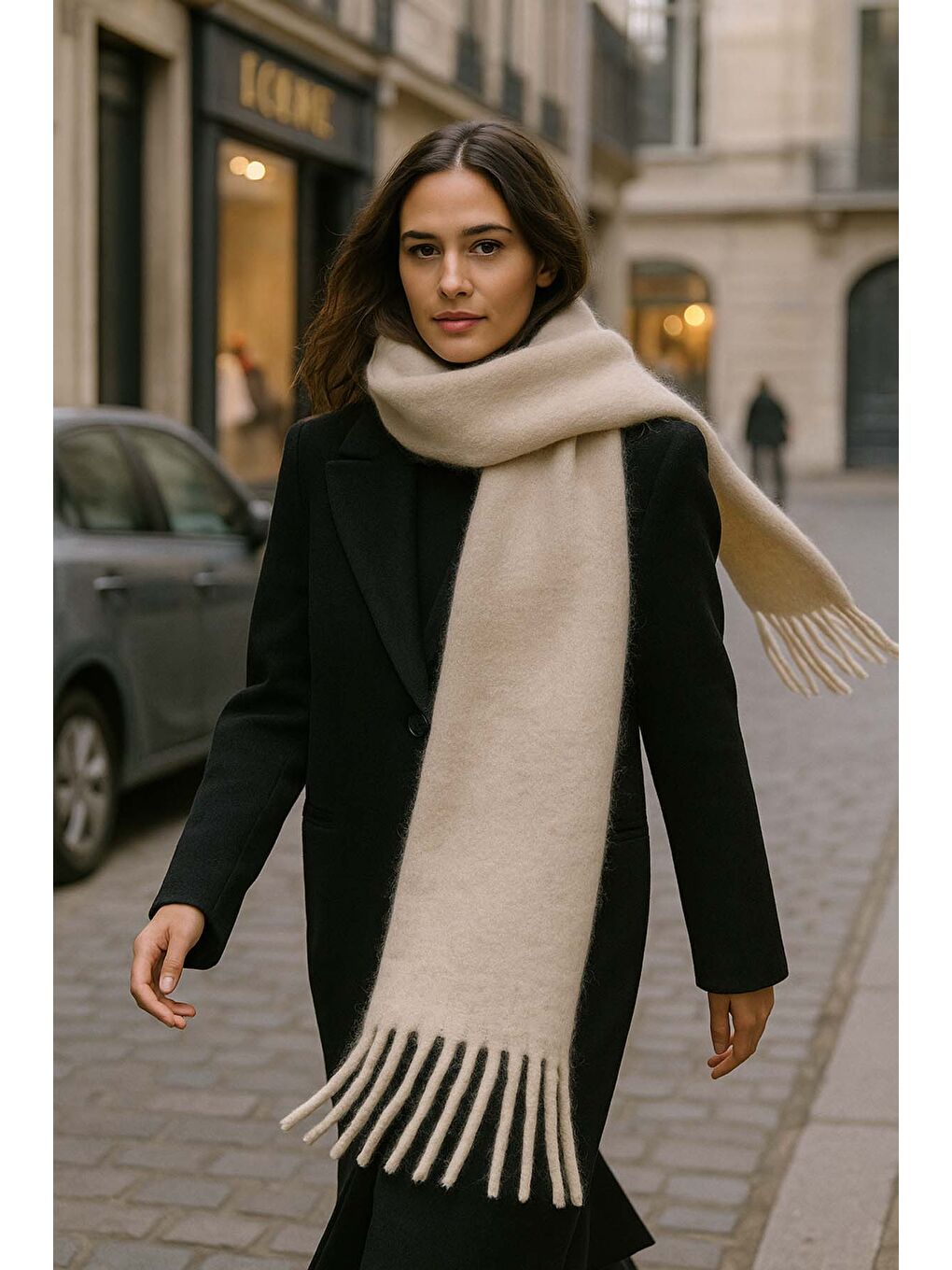 Kadın Püskül Detay Atkı Omuz Şalı 40x200 cm 1295 Bej-2