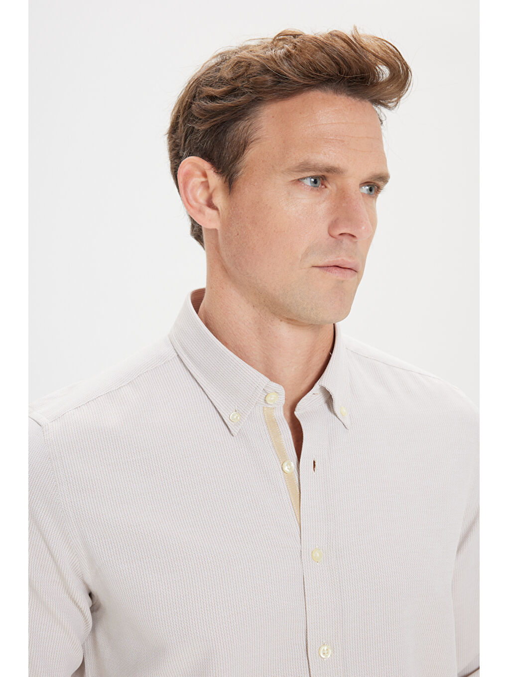 Erkek Bej Slim Fit Dar Kesim Klasik Yaka Pamuklu Armürlü Gömlek-3
