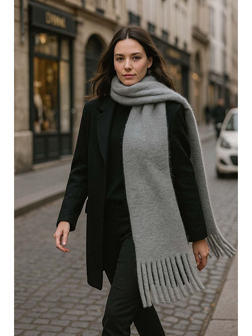Kadın Püskül Detay Atkı Omuz Şalı 40x200 cm 1295 Antrasit