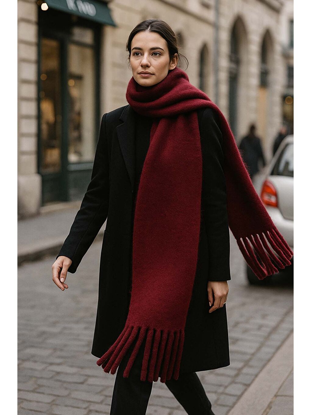 Kadın Püskül Detay Atkı Omuz Şalı 40x200 cm 1295 Bordo-1