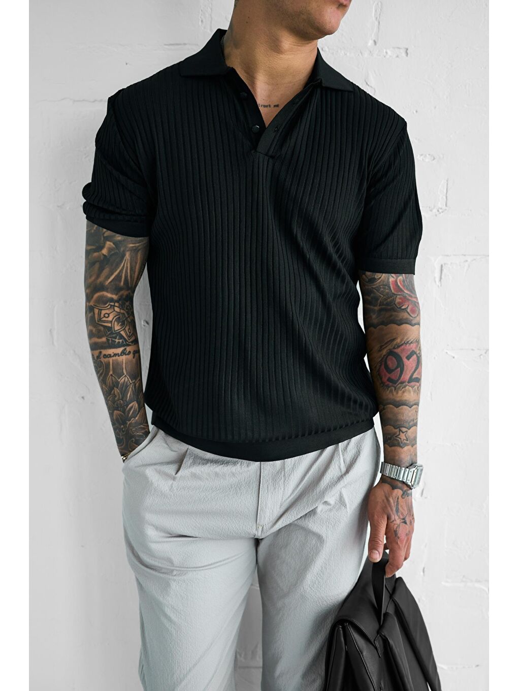 Erkek Polo Yaka Düğmeli Slim Fit Tişört Siyah-1