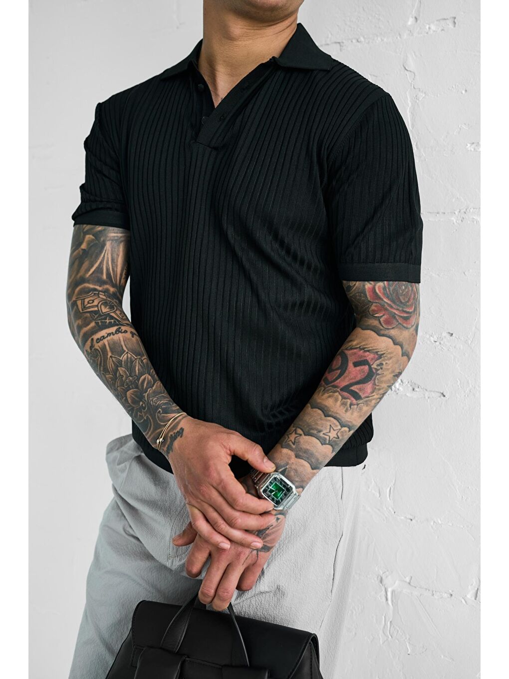 Erkek Polo Yaka Düğmeli Slim Fit Tişört Siyah-4