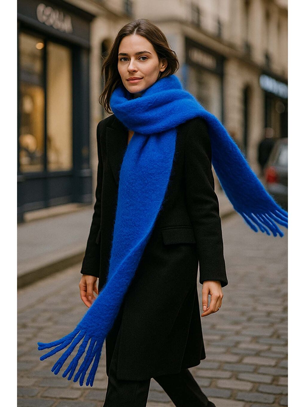 Kadın Püskül Detay Atkı Omuz Şalı 40x200 cm 1295 Saks Mavi