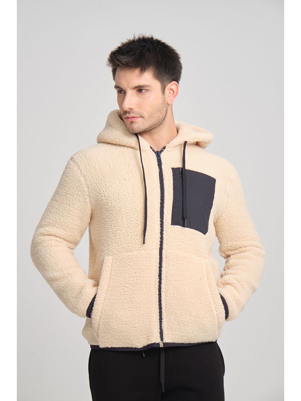 Bej Fermuarlı Kapüşonlu Pelüş Sweatshirt