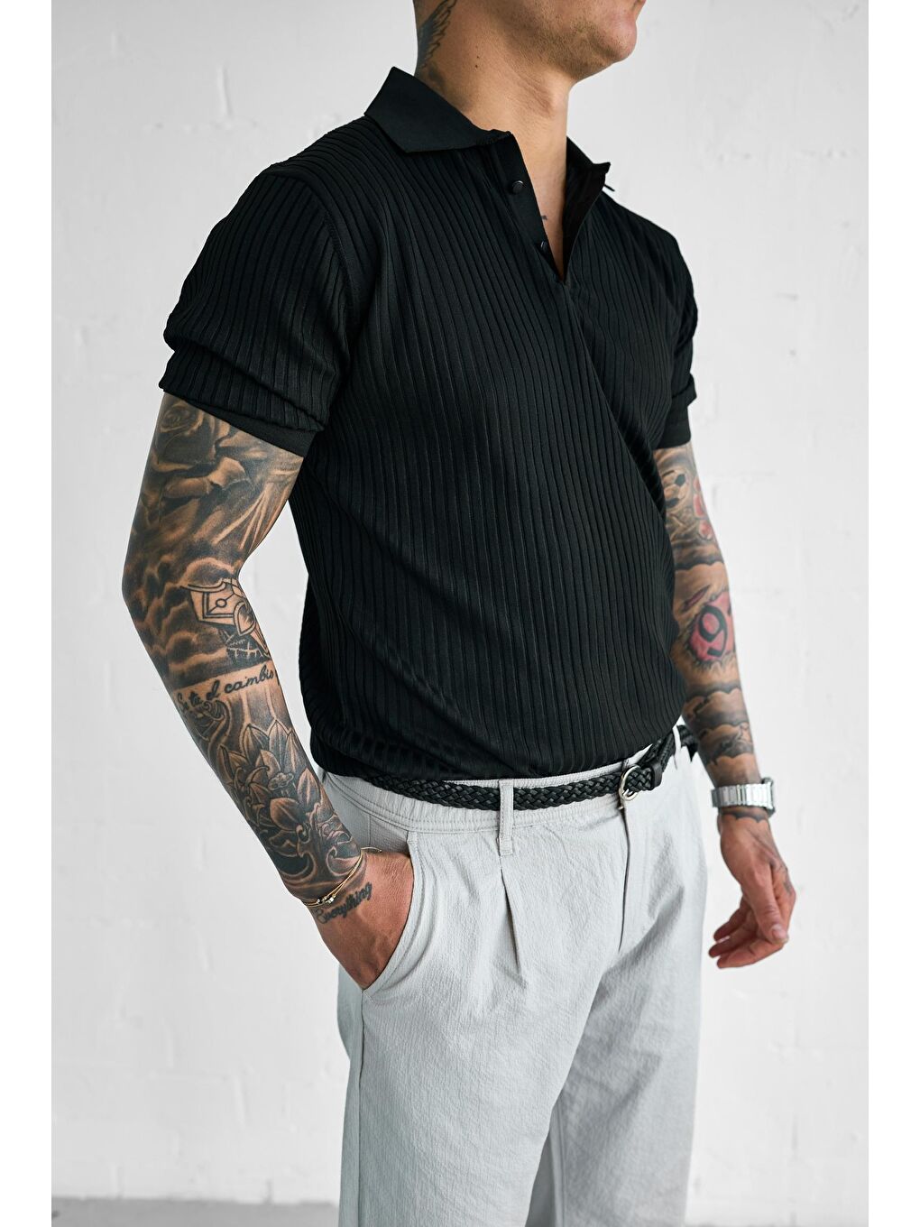 Erkek Polo Yaka Düğmeli Slim Fit Tişört Siyah-5