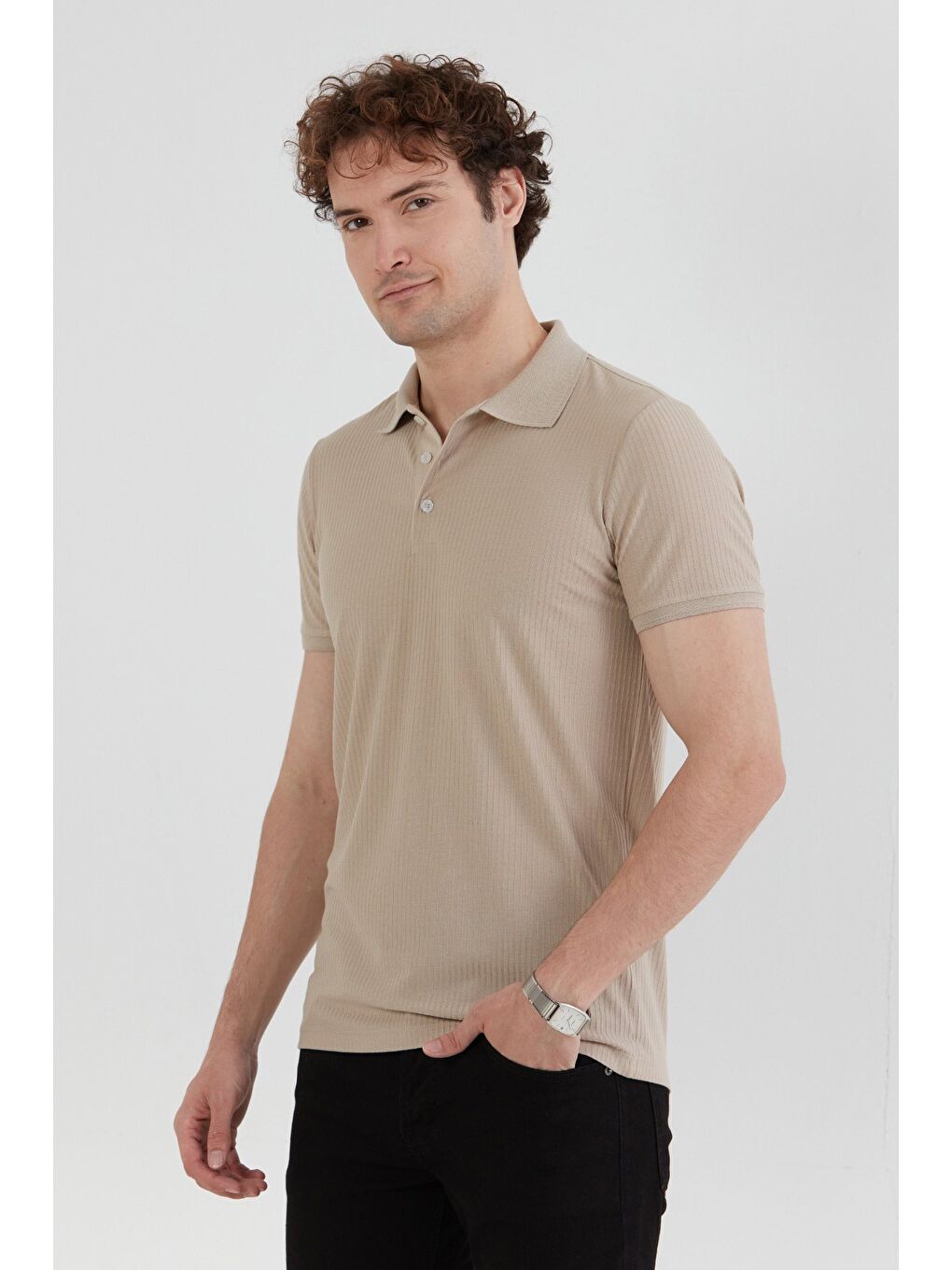 Bej Fitilli Düğmeli Polo Yaka Slim Fit Tişört