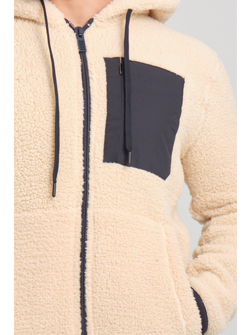 Bej Fermuarlı Kapüşonlu Pelüş Sweatshirt-1