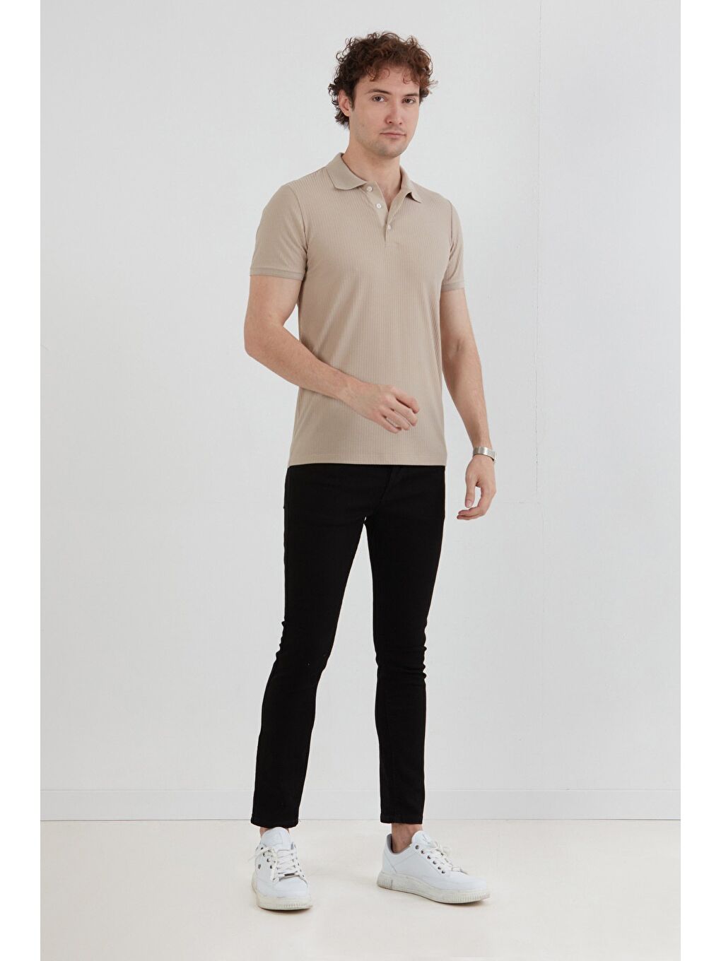 Bej Fitilli Düğmeli Polo Yaka Slim Fit Tişört-2